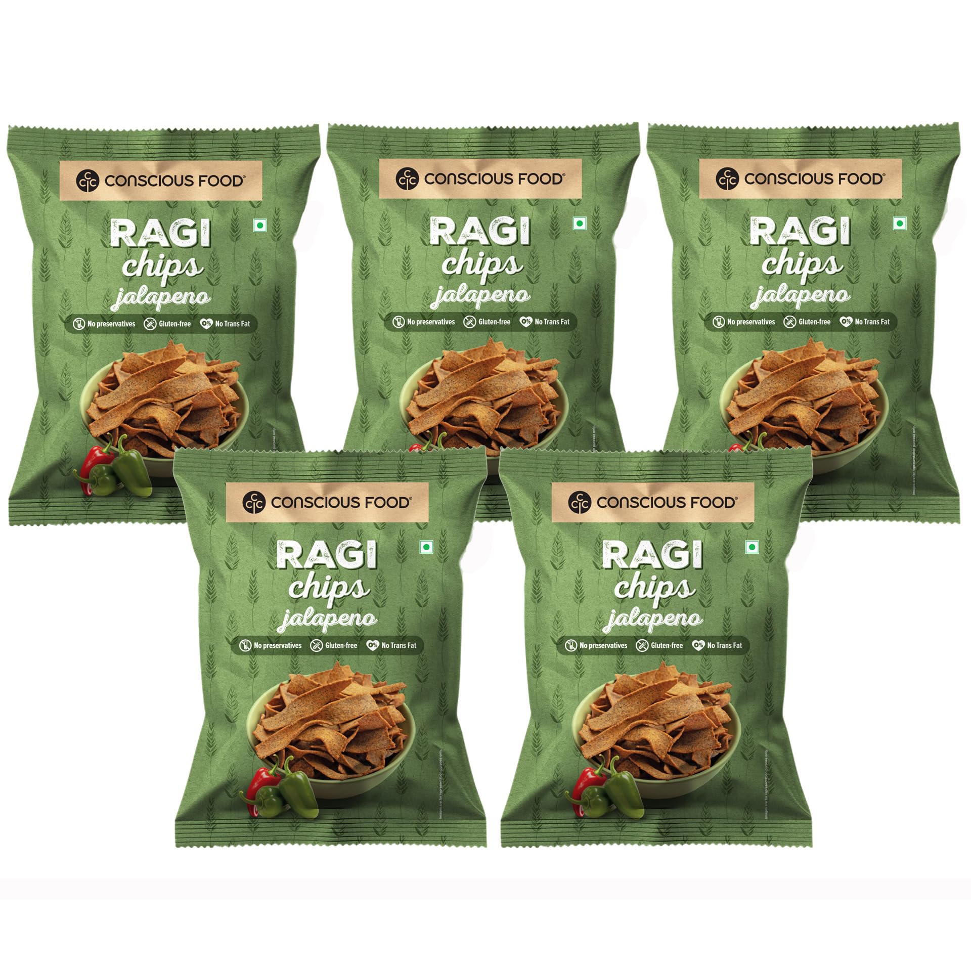 Conscious Food Ragi Chips, 50 gm X Pack of 5 | Wholesome & Crunchy Snack | Made with 100% Natural Ragi | Gluten-Free & Preservative-Free | High Fiber | Made with Cold-Pressed Sunflower oil