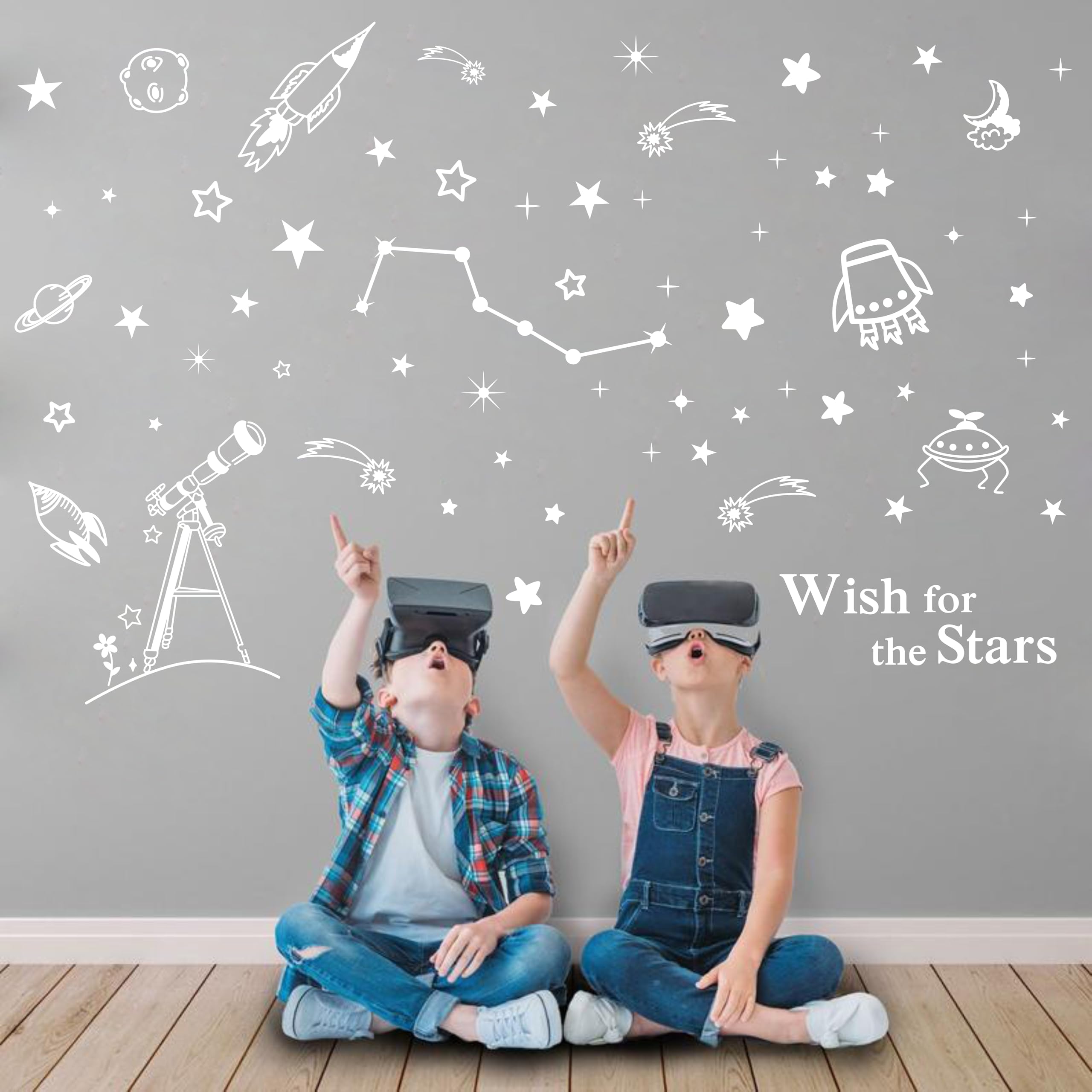Autocollant mural fusée blanche Y100 pour chambre d'enfant avec étoiles