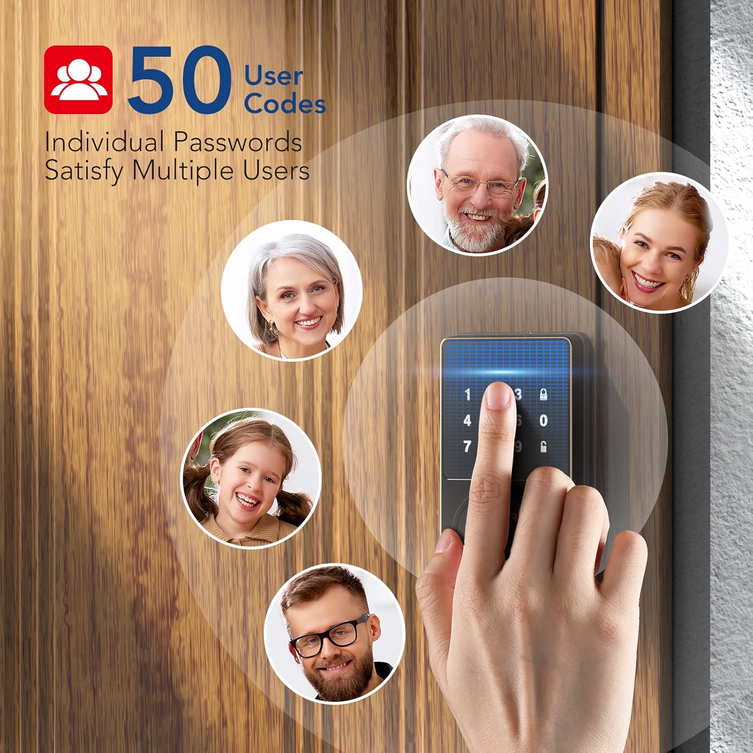 Woman carrying boxes, with a smart lock on the door indicating an auto-lock feature