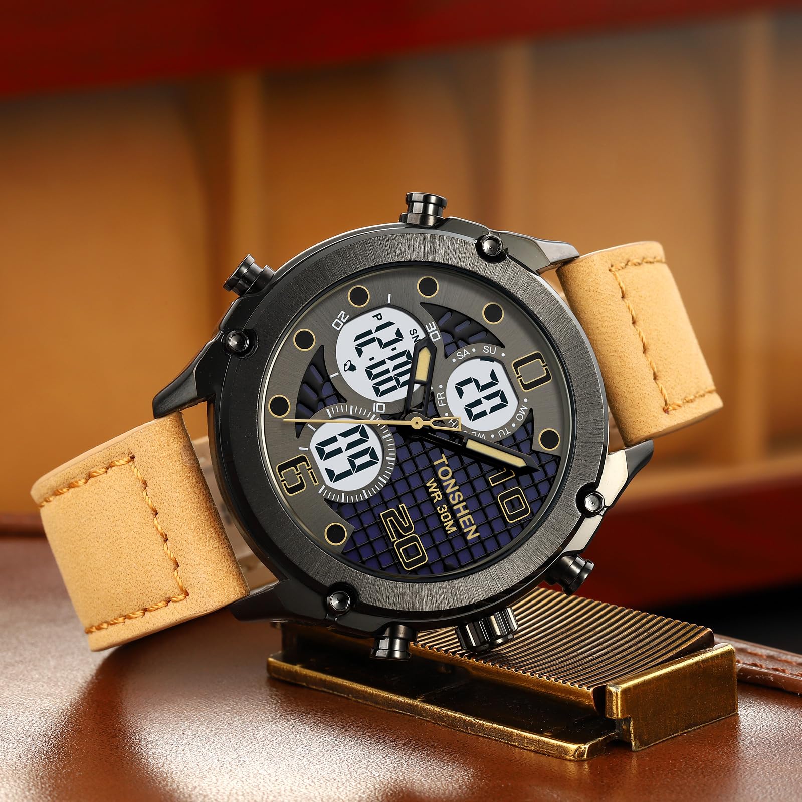 TONSHEN Orologi da Polso Uomo Acciaio Inossidabile e Pelle Cinturino Digitale Multifunzione LED Elettronico Tre Tempo Outdoor Militare Sportivo Orologio
