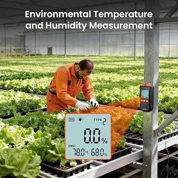 Moisture Meter, 4 Measurement Ranges Wood Moisture Meter with Ambient Temperature & Humidity Detection, Damp Meter for Wood, Herbs, Paper Products, with Maximum Measurement Mode/LCD Display