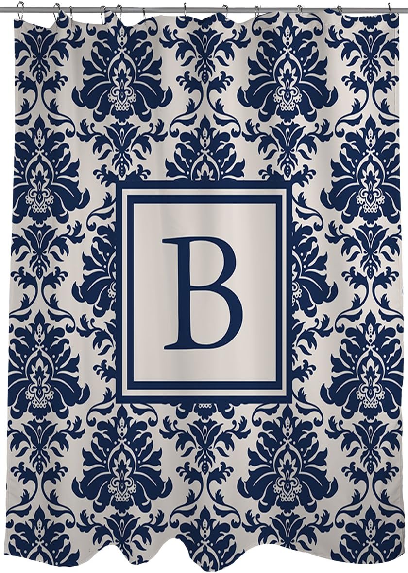 Manual Woodworkers & Weavers Shower Curtain, Monogrammed Letter B, Blue Damask
