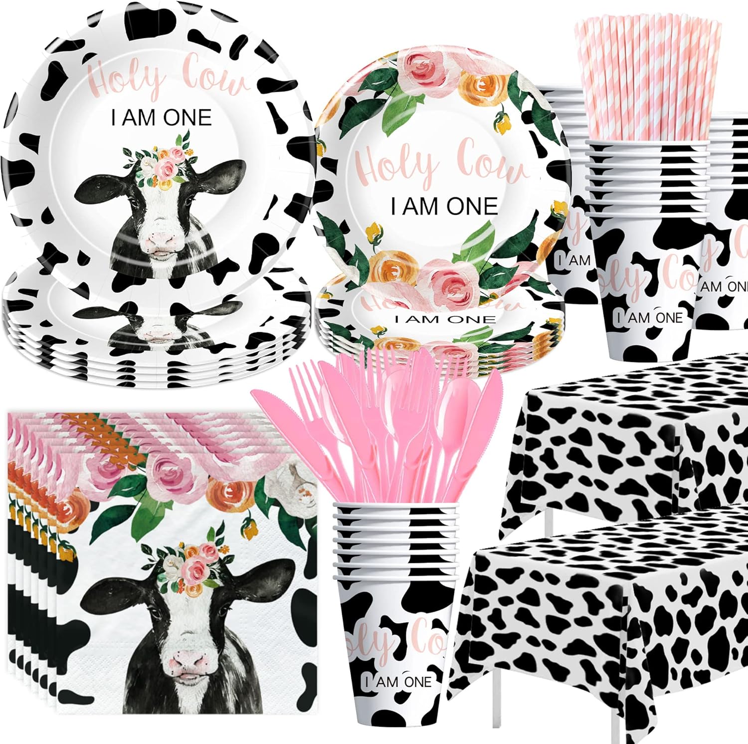 APOWBLS Holy Cow I'm One Birthday Decorations Girl Tableware, Cow Print First Birthday Party Supplies, Paper Plate, Cup, Napkin, Tablecloth, Disposable Cutlery, Straw | Serves 24