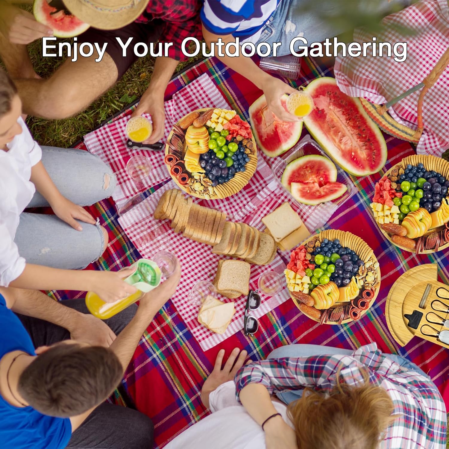 Charcuterie Board Set with Lid Round, Portable Bamboo Cheese Board Set,Travel Tray with Locking Lid for Picnic, Party, Wedding & Housewarming & Kitchen Gifts for Women - Image 6