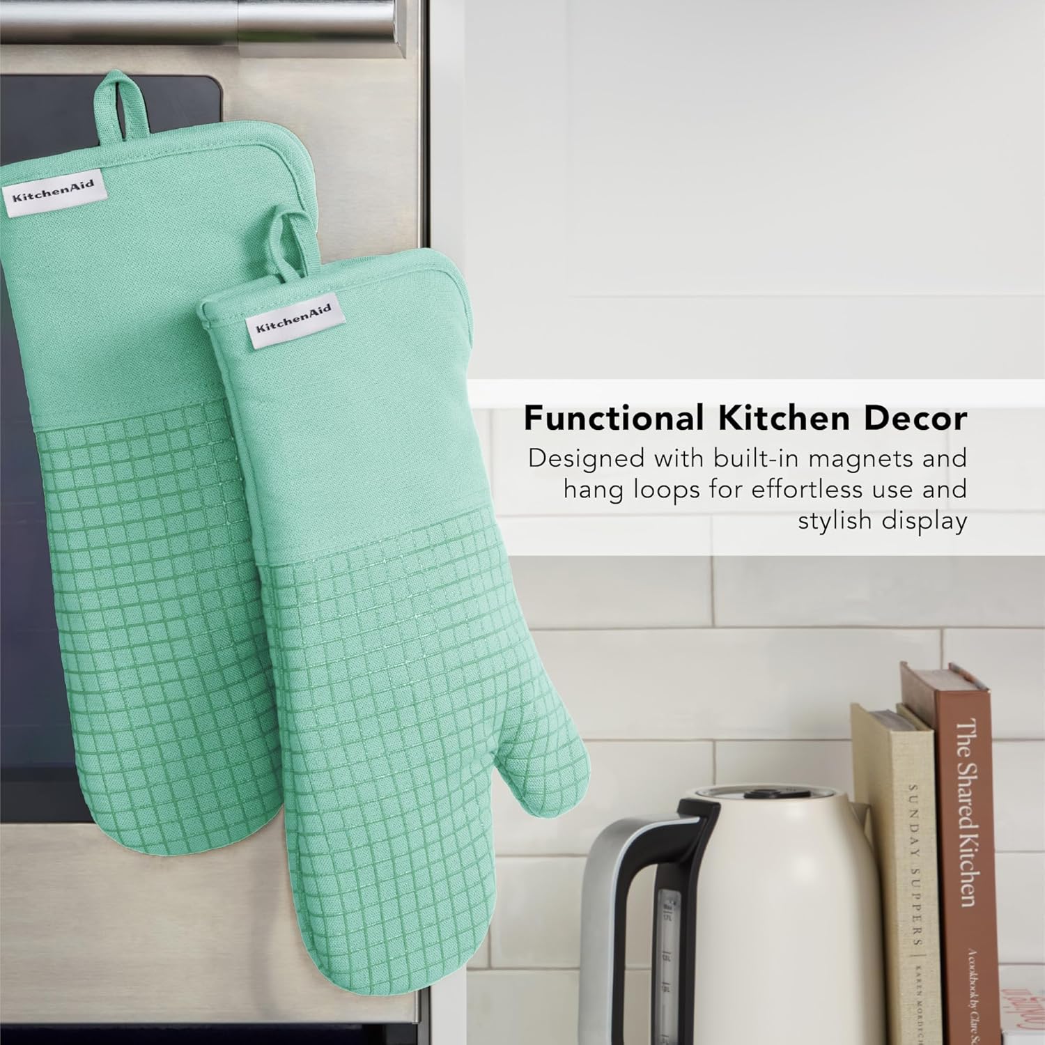 KITCHENAID Gourmet Series Gridlines Oven Mitts 2-Pack Set, Heat Resistant up to 600°F, Soft Silicone Grip, Magnetic Cuff, Color of The Year, Spearmint, 7"x14"
