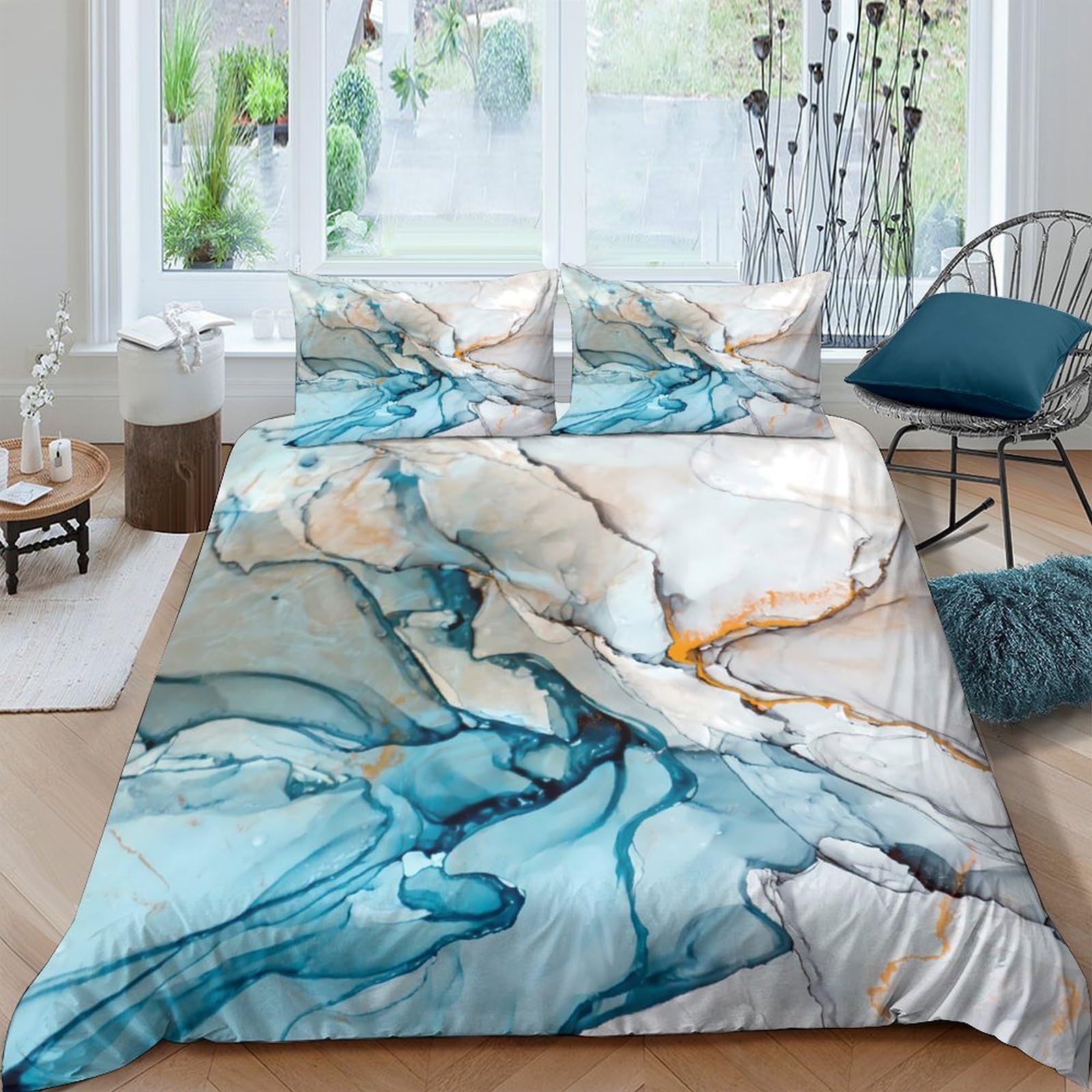 GPLZQXKJNH 3D Printed Blue Marble Duvet Cover Set Microfiber Soft Breathable Abstract Stone Bedding with 2 Pillowcases for Bedroom Single（135x200cm）