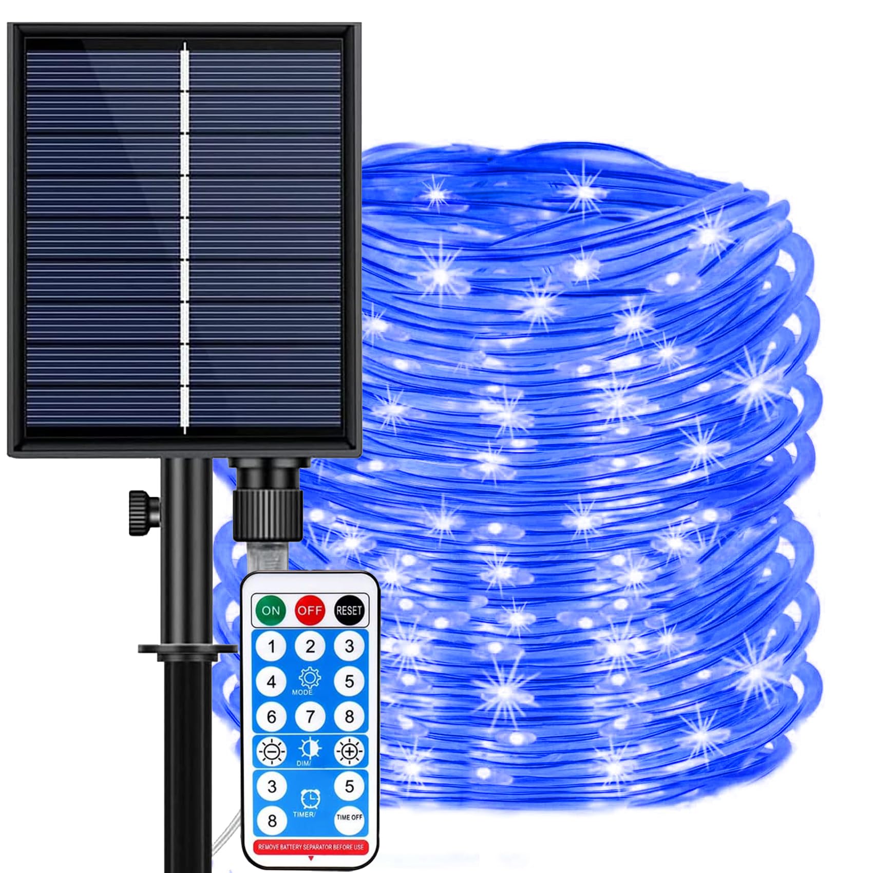 DINOWIN Outdoor Solar LED Strip String Lights 20M 200LED Waterproof PVC Rope with Remote 8 Modes Fairy Lights for Christmas, Party, Wedding, Patio, Garden (Blue)