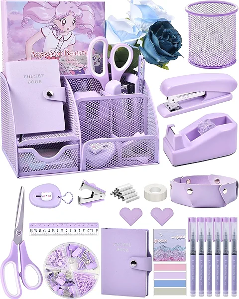 Purple Desk Accessories, 26Pcs Office Supplies and Desk Organizers, with Tape Dispenser, Stapler, Staple Remover Ect, The Perfect Hue for Focused Learning