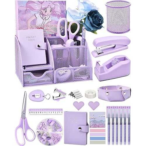 Purple Desk Accessories, 26Pcs Office Supplies and Desk Organizers, with Tape Dispenser, Stapler, Staple Remover Ect, The Perfect Hue for Focused Learning