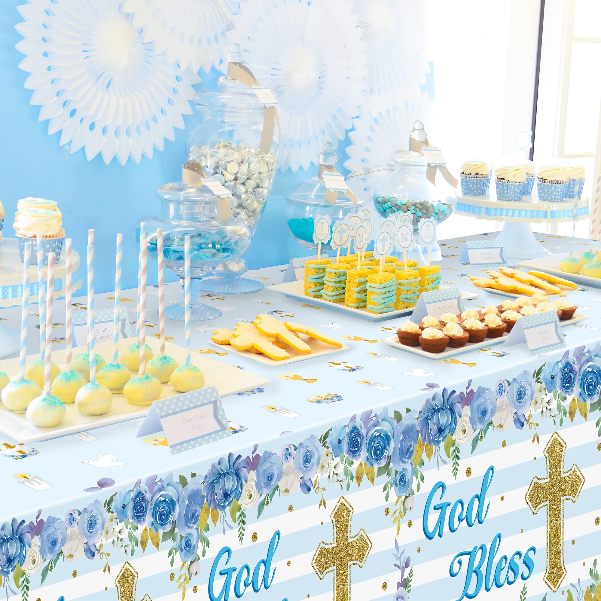 Paquete de 6 manteles de fiesta de bautizo, color azul, con temática de flores, desechables, impermeables, rectangulares, para niños, bebés, primera comunión, suministros para fiestas