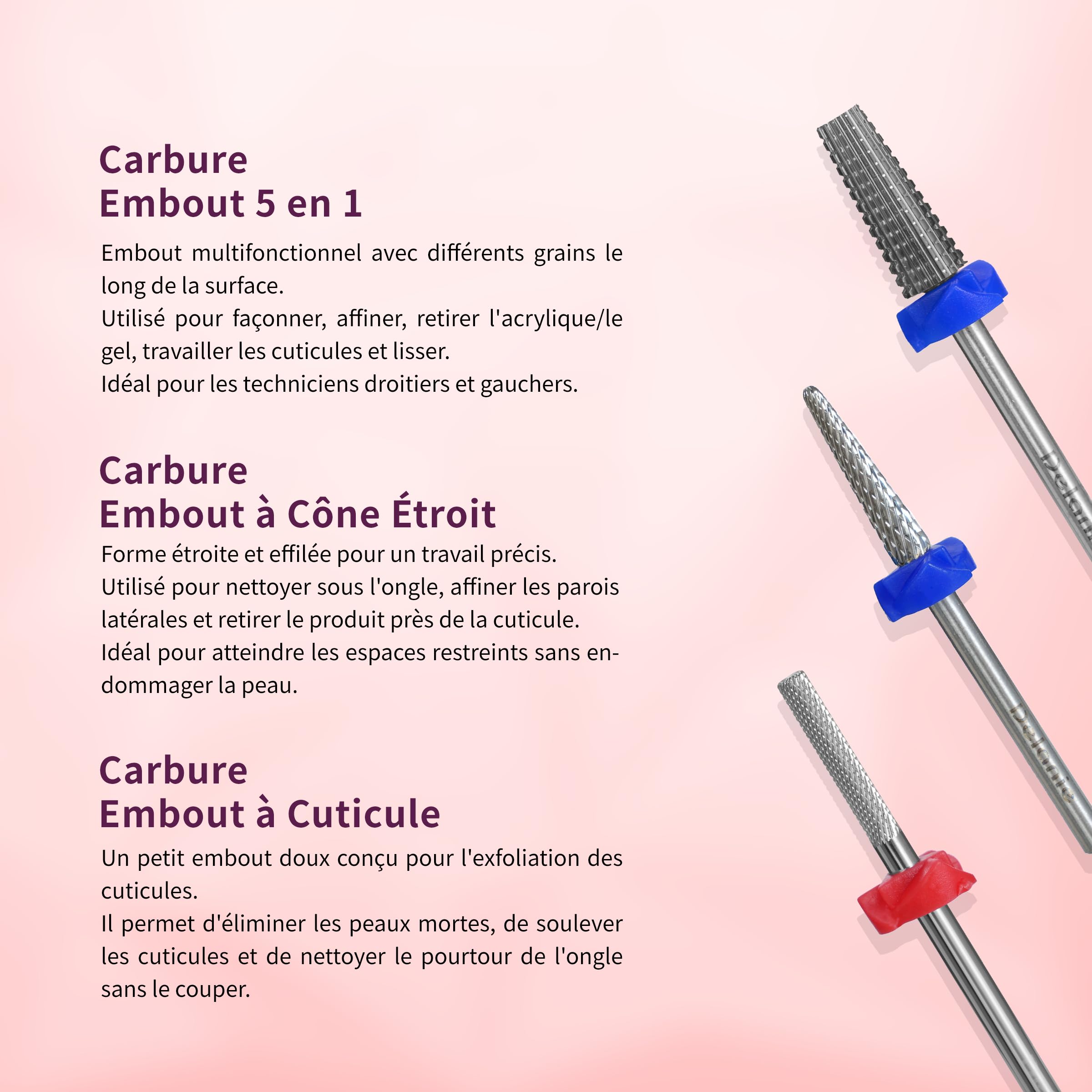 Delanie 7Pcs Embout Ponceuse Ongles 3/32 en Carbure de Tungstène & Diamant, Foret a Ongles Outils Professionnel pour Éliminer Gel Acrylique Cuticule