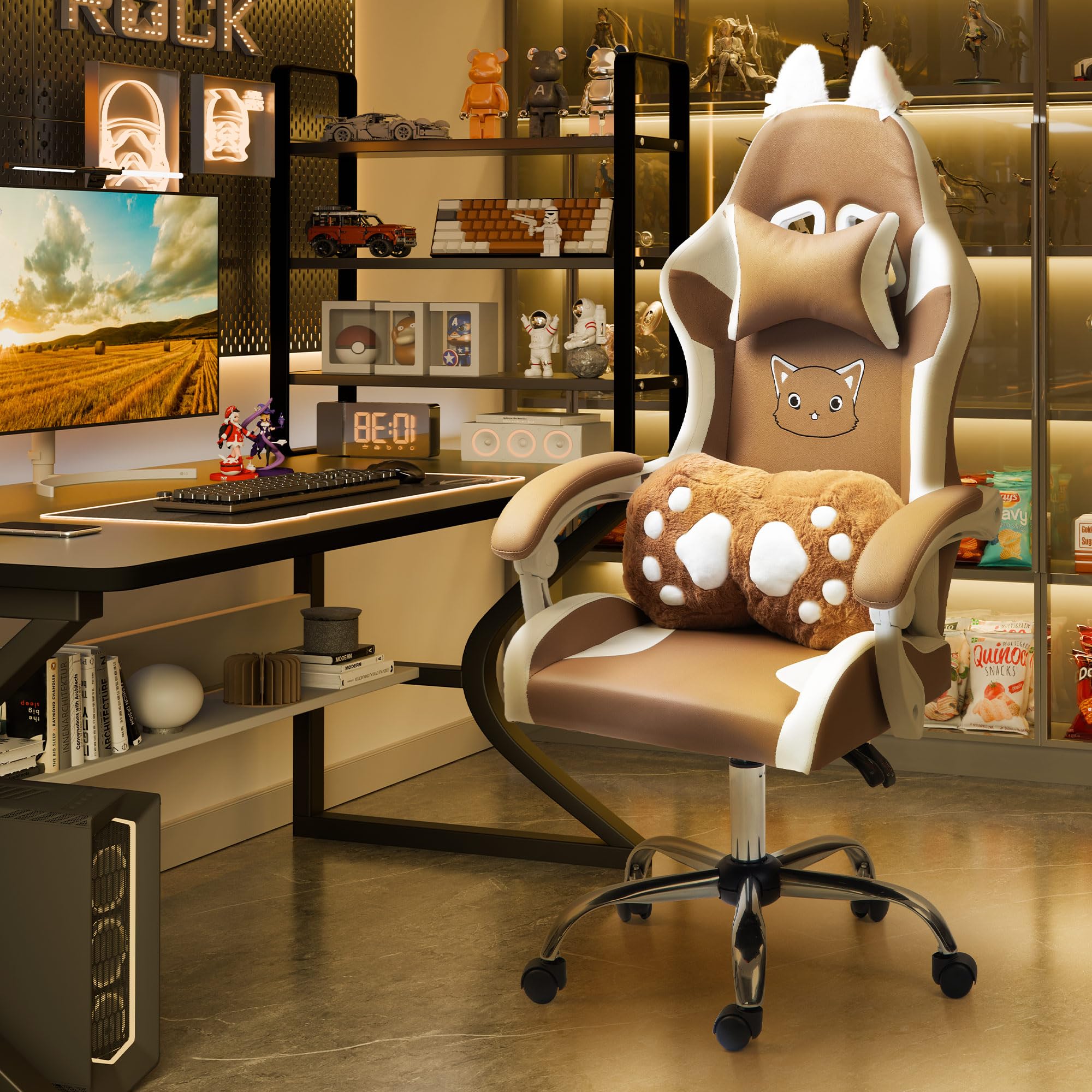 ALEAVIC Gaming Chair with Cat Paw Lumbar Cushion and Cat Ears, Reclining PC Game Computer Chairs, Ergonomic Gamer Chair for Kids, Girls, Teens (Brown)
