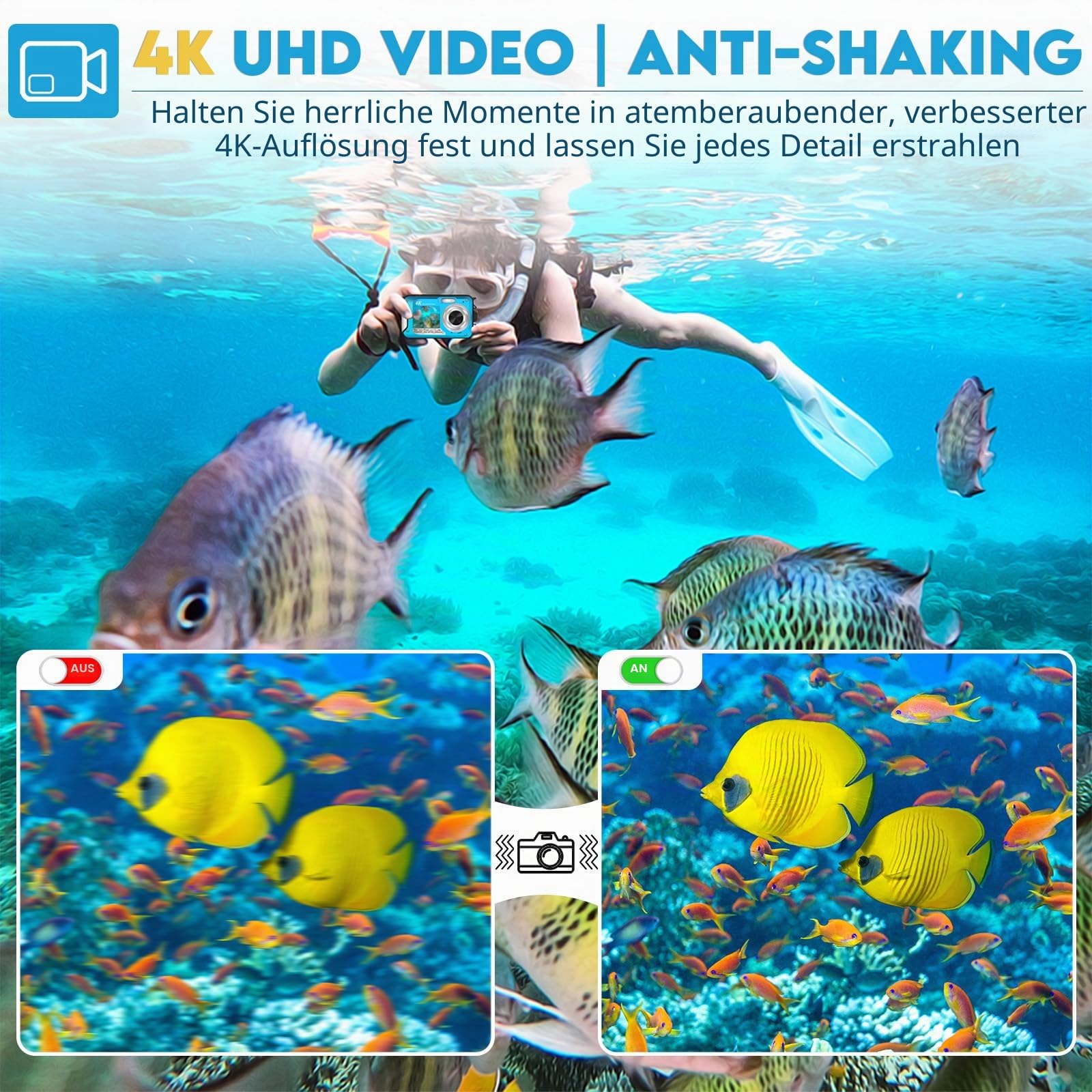 64MP Unterwasserkamera mit 64GB Speicherkarte, 4K unterwasser kamera mit Autofokus & Dual-Selfie-Bildschirmen, 5 Meter kamera wasserdicht, digitalkamera wasserdichte für Kinder & Schnorcheln (2 Akkus)