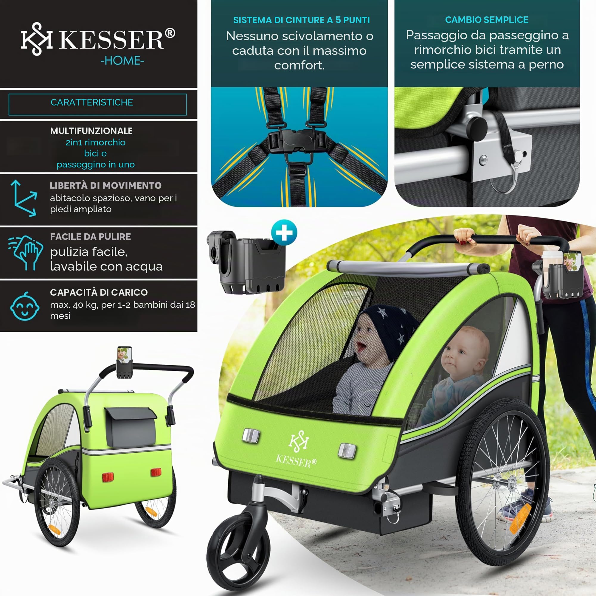 KESSER® Rimorchio per bambini da bicicletta Sport-RX 2 in 1 funzione jogging cintura di sicurezza a 5 punti ruota anteriore girevole 360°