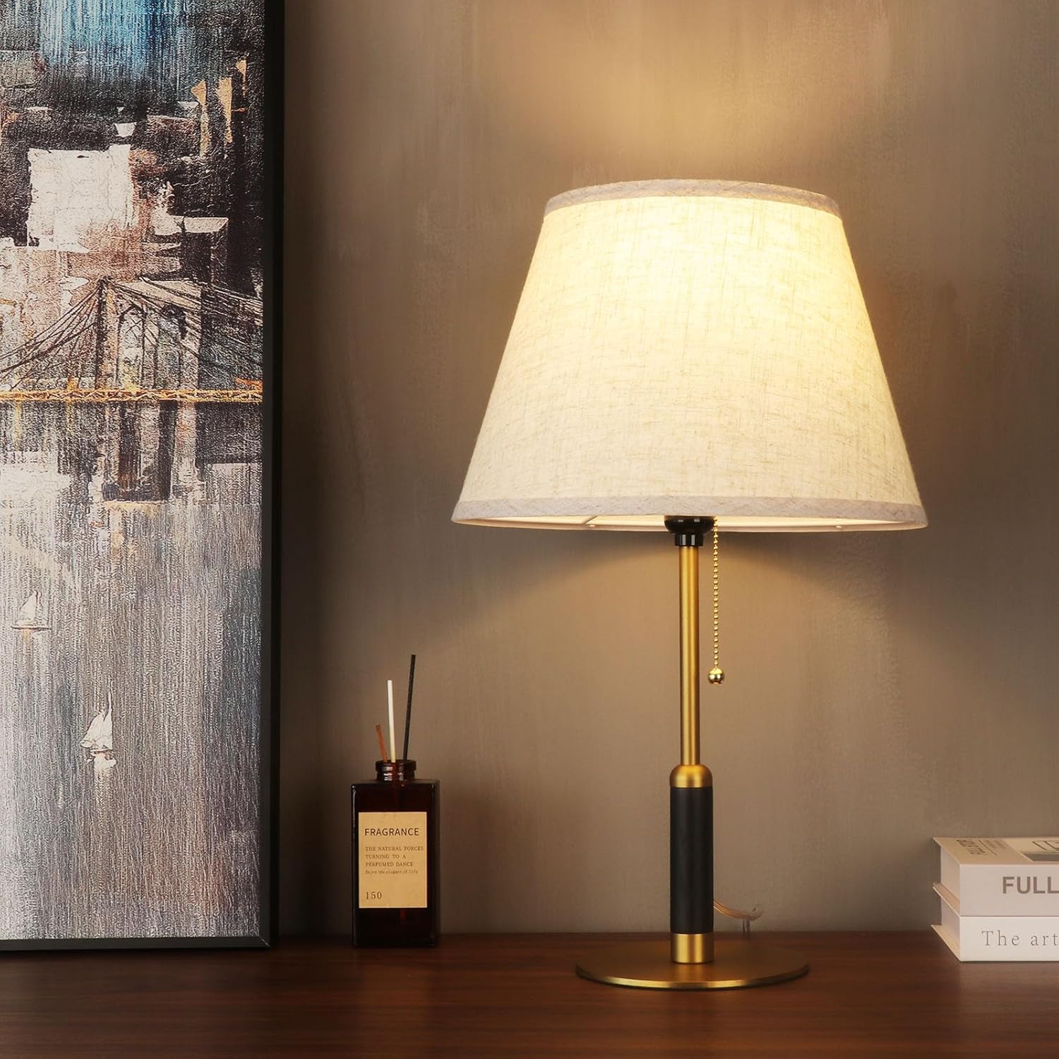 21" Modern Bedside Lamp Mid Century Table Lamp, Pull Chain Nightstand Lamp for Bedroom Living Room 3-Color Light, Solid Wood/Metal/Fabric for Home/Office/Desk Decor (Light Brown+Brass)