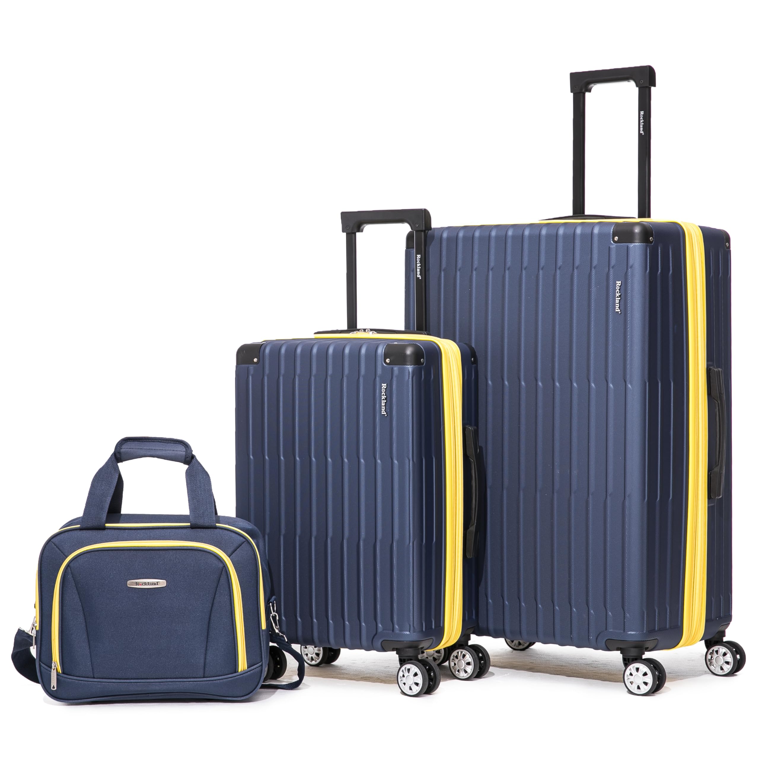 Rockland Huntington 3 PC Luggage Set, 2 PC Hard Case Upright Luggages with Spinner Wheels and a 14" Polyester Tote Bag, Navy, (14" Tote, 20", 28")