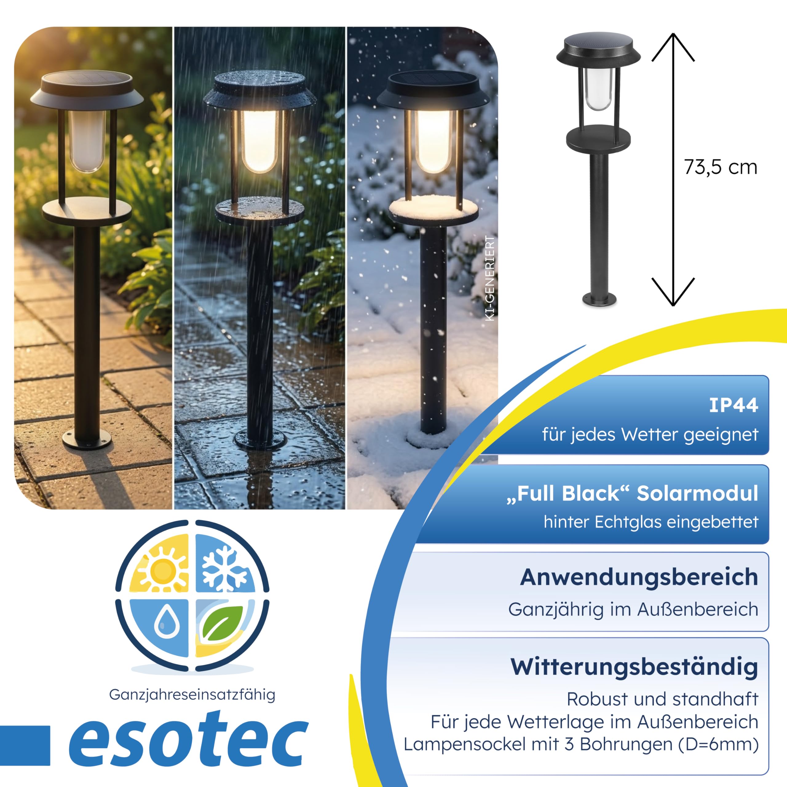 Esotec Solar-Standleuchte für außen SVENJA 73 | Edelstahl-Gehäuse | LiFePO4 Akku | USB-C | LED-Solar-Leuchte Solar Außenleuchte Gartenbeleuchtung Gartendeko | metall schwarz H=73,5cm 102930