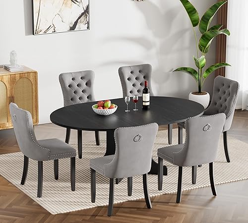 Miniatura 57 de Juego de mesa de comedor de mármol sintético blanco para 6 personas, juego de mesa de comedor extensible de 7 piezas de 63 a 78.74 pulgadas con 6