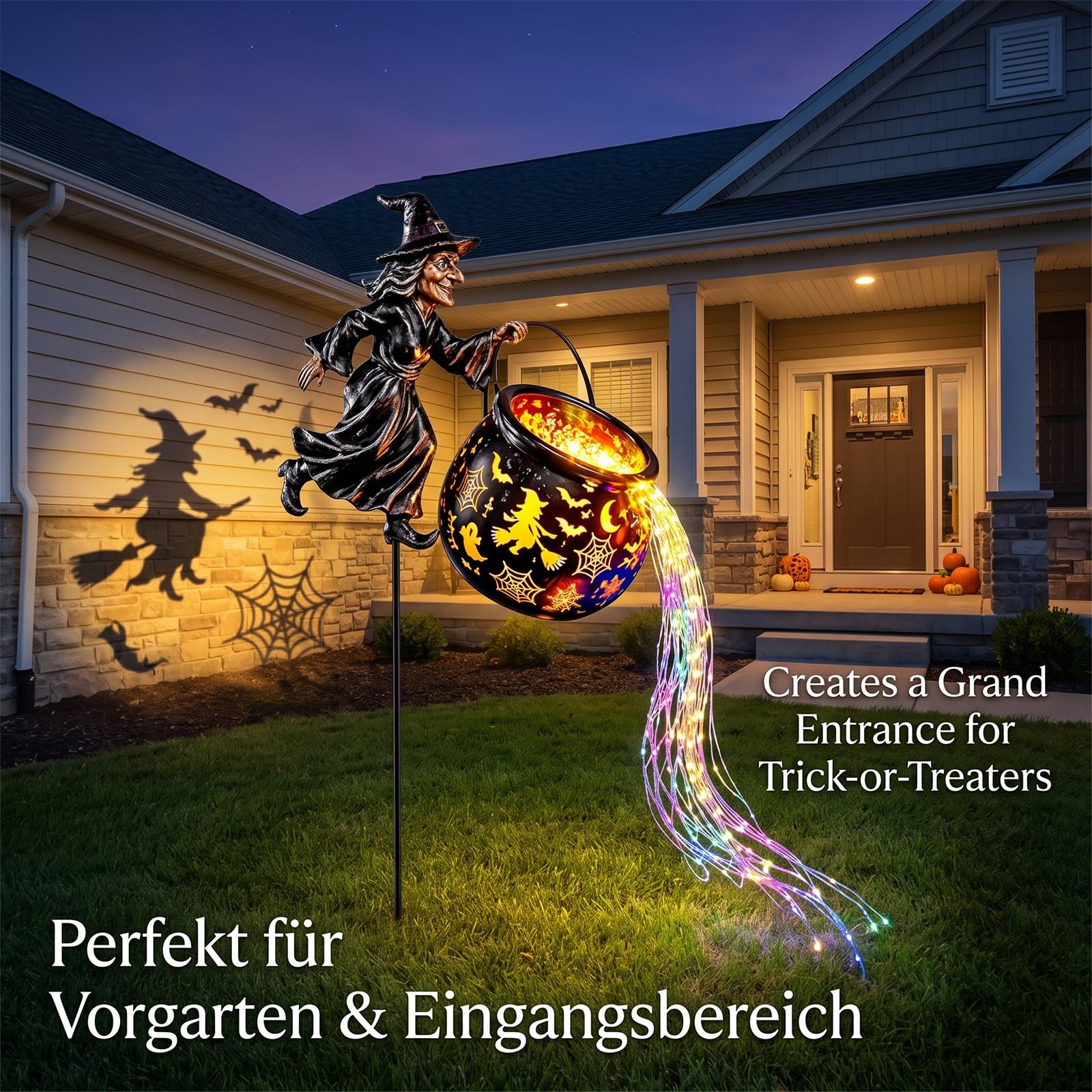 Halloween Hexenkessel Gartenlicht mit Hexe und Wasserfall Lichterkette (1pcs)