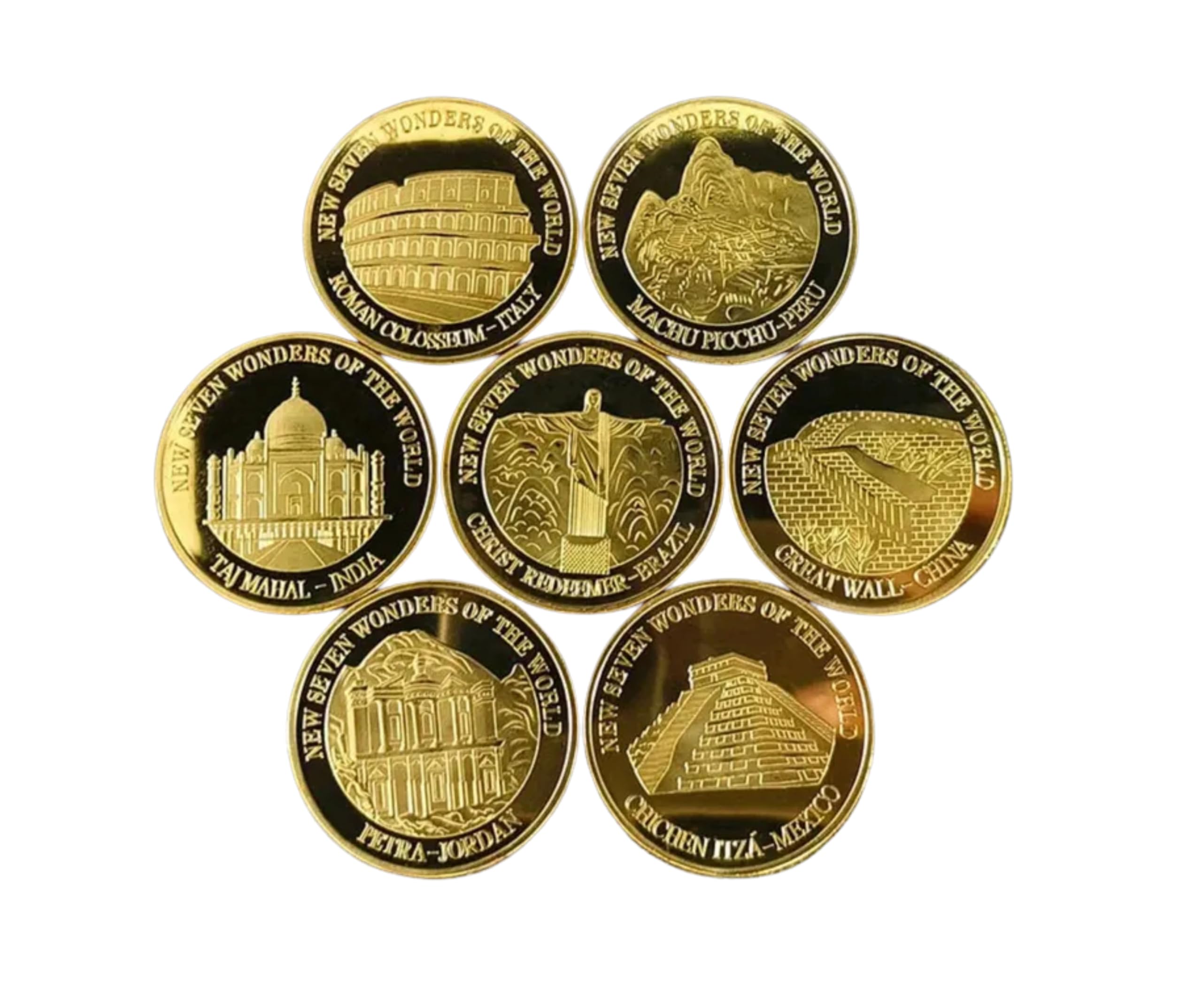 Lot de 7 pièces de Collection commémoratives représentant Les 7 Nouvelles Merveilles du Monde, avec 7 étuis de Protection individuels, et 7 Supports de présentation, Cadeau Unique et prestigieux.