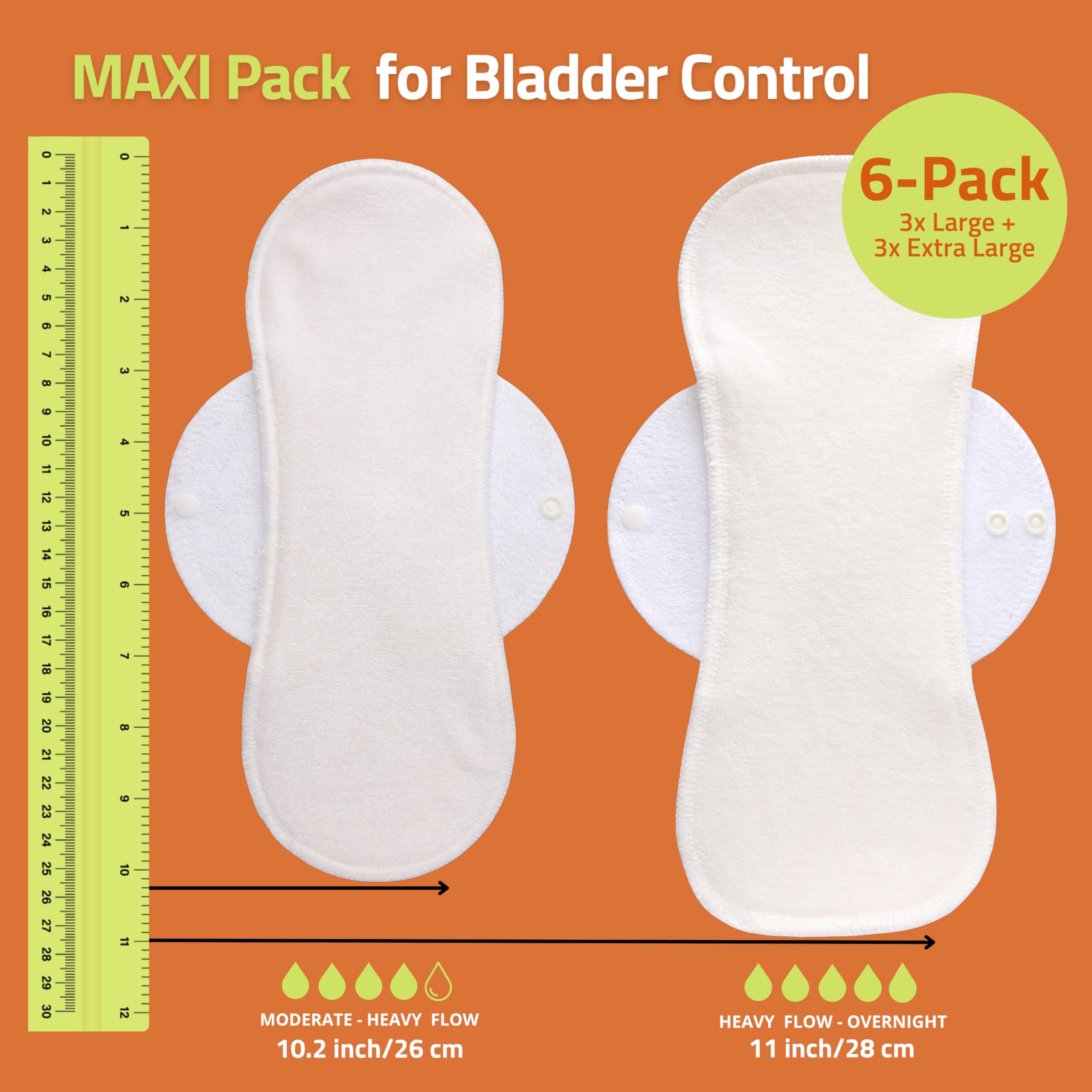 Serviettes lavables pour fuites urinaires avec imprimé antidérapant (L+XL, x6); protection réutilisable pour l'incontinence en coton bio, lavable à haute T°; absorption rapide & contrôle des odeurs