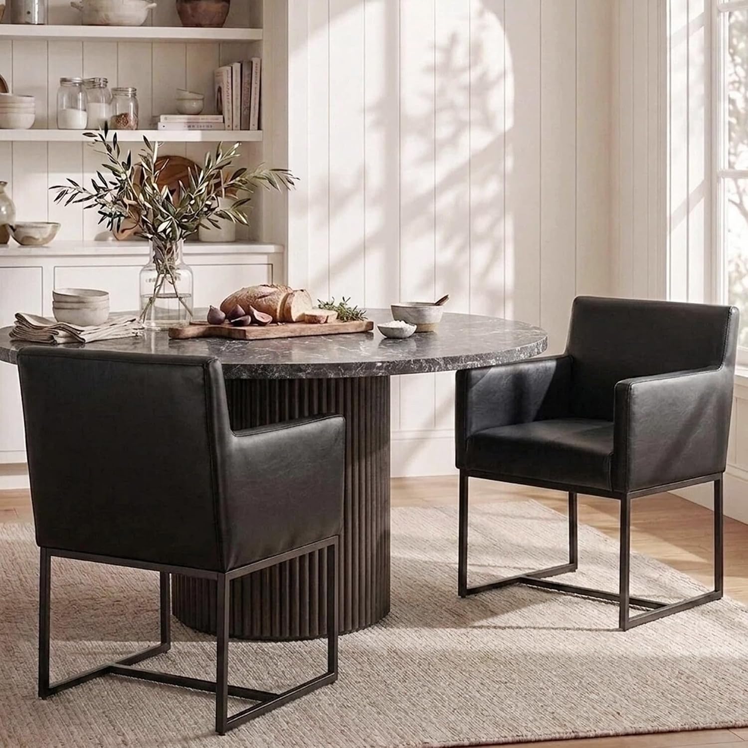 HNY Mid Century Modern Upholstered Dining Chairs with Arms Set of 2, Faux Leather Accent Chairs with Black Finish Metal Frame, 19'' Wide Arm Chairs for Living Room Kitchen Bedroom, Black