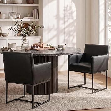 HNY Mid Century Modern Upholstered Dining Chairs with Arms Set of 2, Faux Leather Accent Chairs with Black Finish Metal Frame, 19 Wide Arm Chairs for Living Room Kitchen Bedroom, Black