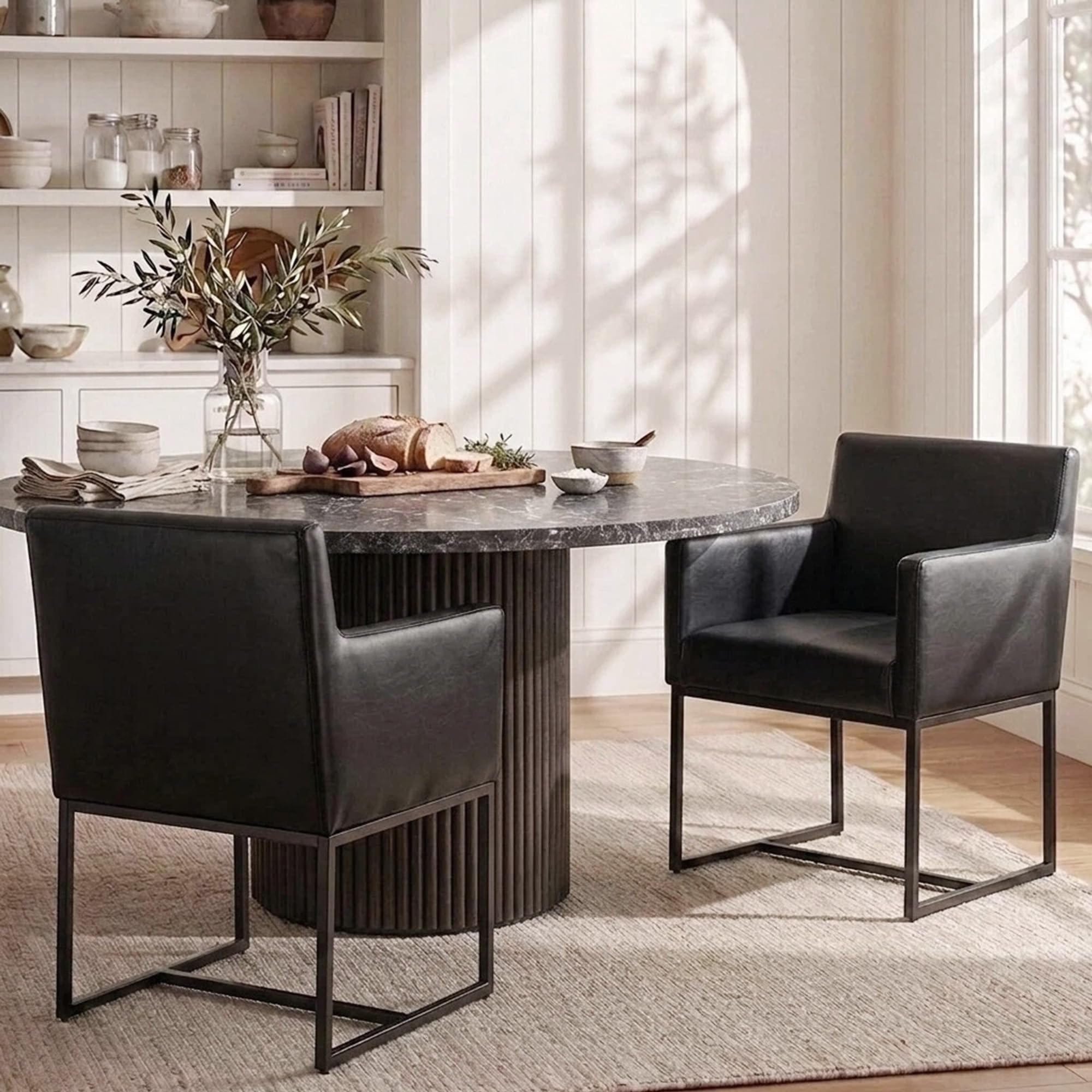 HNY Mid Century Modern Upholstered Dining Chairs with Arms Set of 2, Faux Leather Accent Chairs with Black Finish Metal Frame, 19'' Wide Arm Chairs for Living Room Kitchen Bedroom, Black