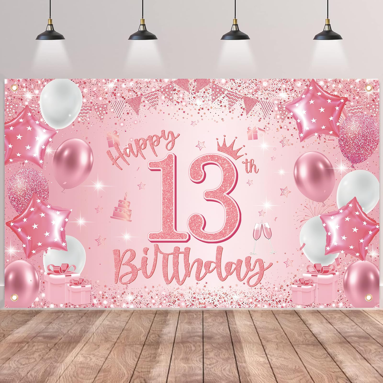 Happy 13th Birthday Banner Backdrop - Pink Official Teenager Backdrop Photography Background, Fabric Sign Poster for 13 Years Old Boys Girls Birthday Party Supplies — image 1