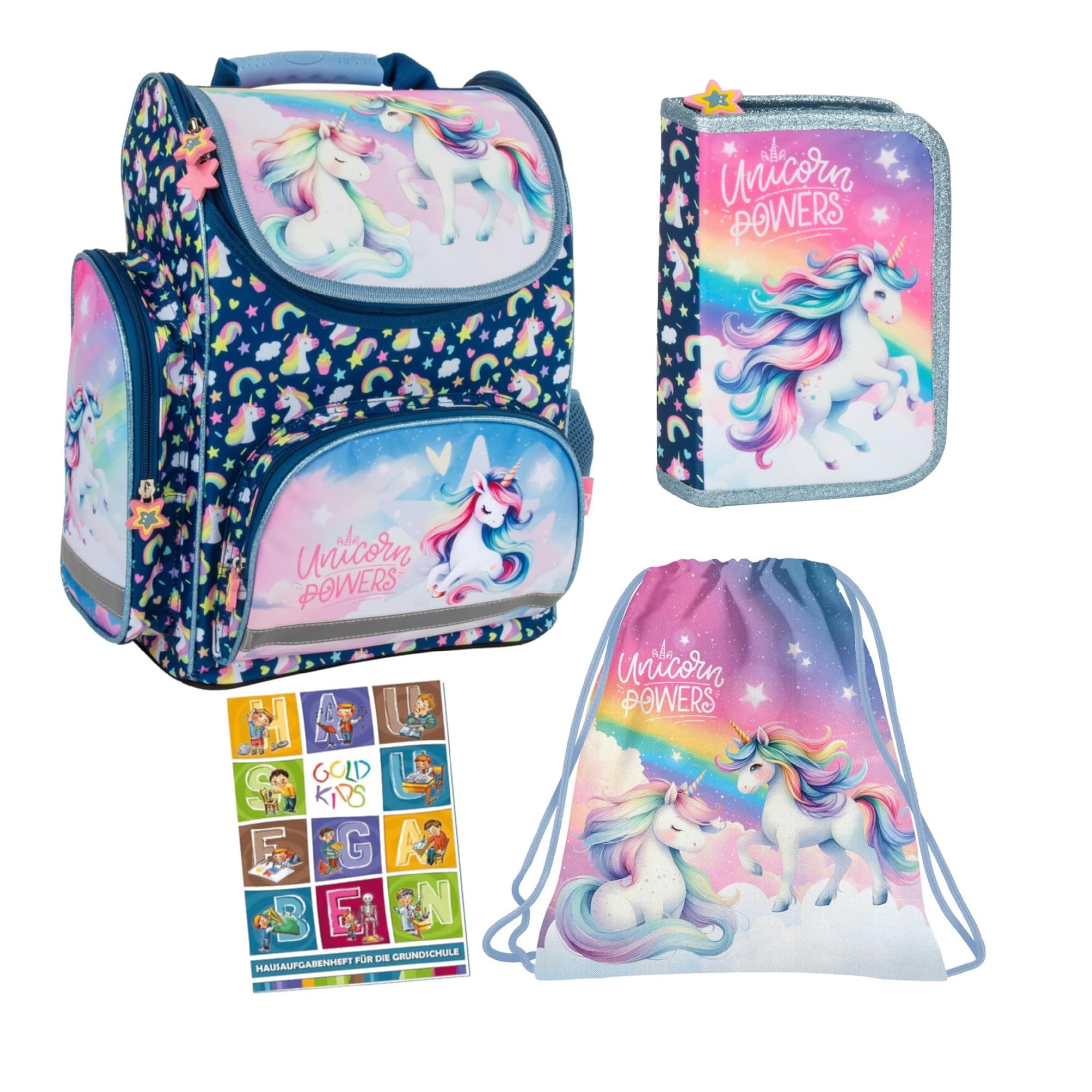 Goldkids - Schulranzen für Jungen und Mädchen, 4er-Set - Schul-Rucksack für Kinder mit Federmäppchen - Schuhbeutel und Hausaufgabenheft - Einhorn Motiv - 1-3 Klasse
