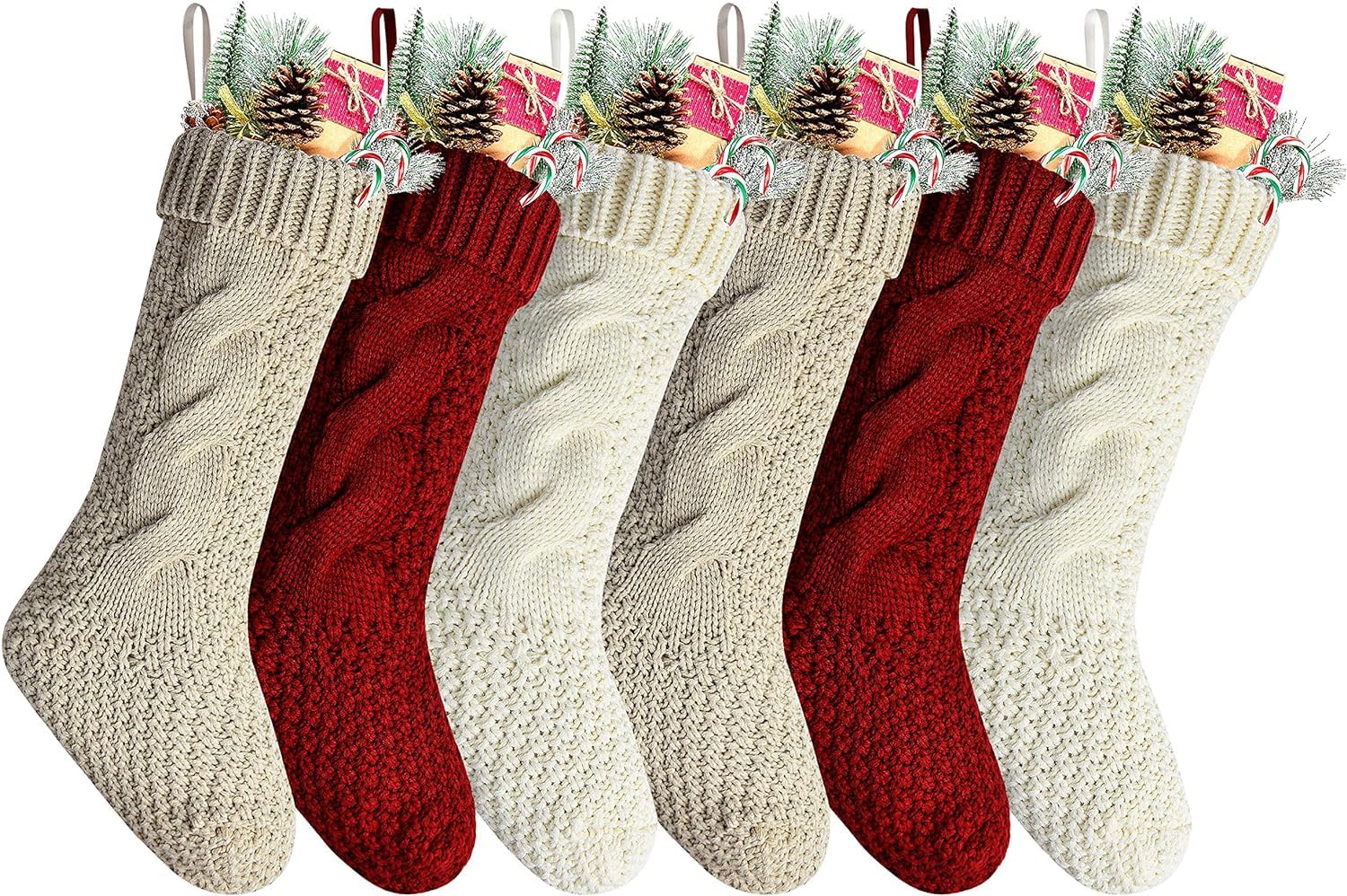 Weihnachtsstrümpfe, 50,8 cm lang, Burgunderrot, Elfenbein und Khaki, Zopfmuster, Großpackung für Familie, Vintage-Weihnachtsstrümpfe zum Aufhängen am Kamin, 6 Stück