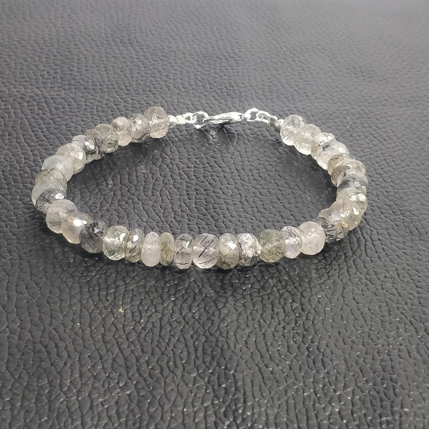 LKBEADS Natural black rutile gemstone 7x5mm stacking bracelet | 7 inch | black color, rondelle shape, faceted cut, stone | with silver plated clasp | handmade jewellry |LK_ESK_00108