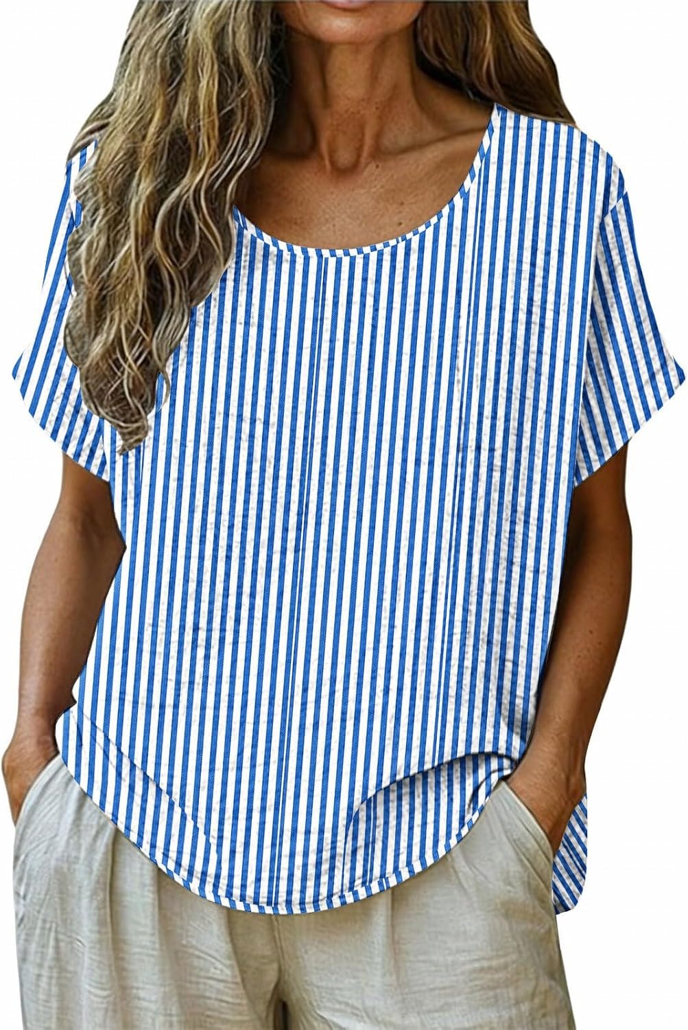 Ladies Striped Shirts Casual Short Sleeve Classic Plaid Tops for Women Crewneck Summer Tee Shirt Loose Blouses