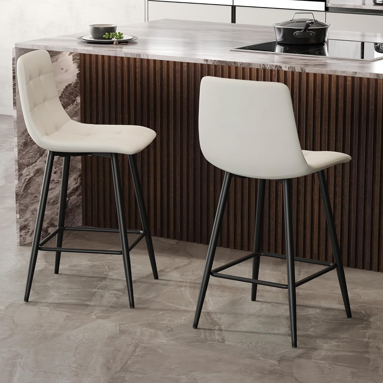 Bar Stools Set of 2,White Faux Leather Counter Height Bar Stools,24.6" Bar Chairs with Back Metal Footrest,Modern Counter Stool with Back and Footrest for Kitchen Island Restaurants Pubs