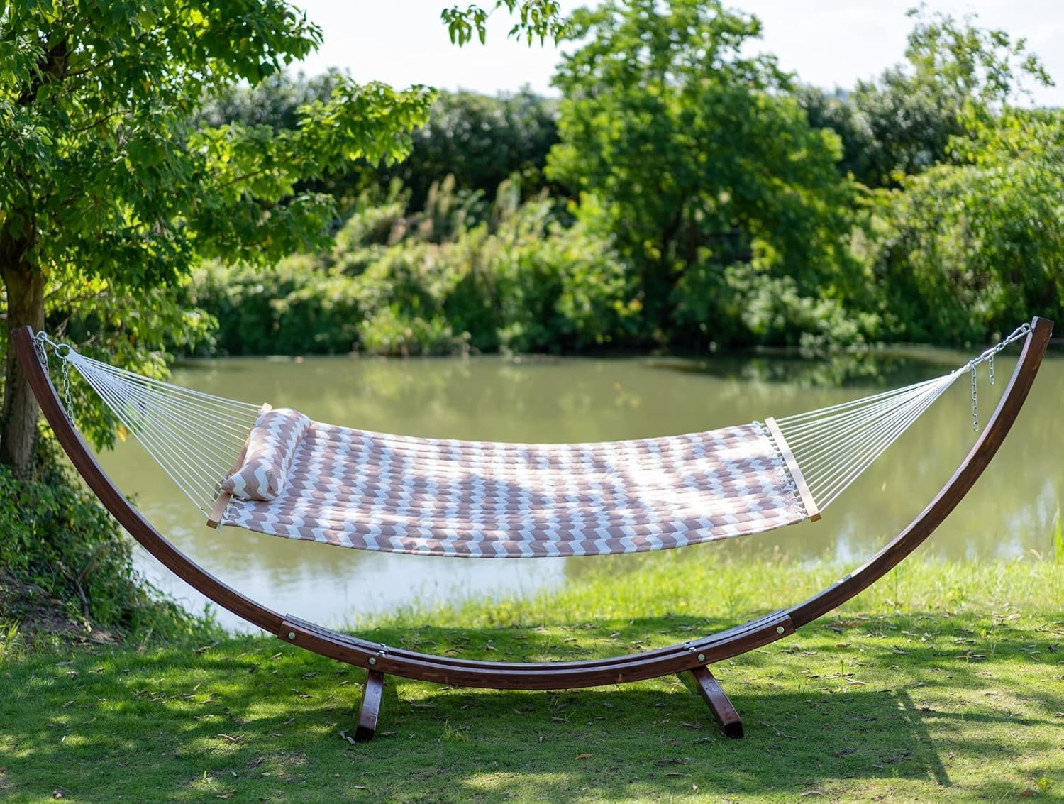 Lazy Daze Hammocks 12FT Quilted Fabric Double Hammock with Spreader Bars and Detachable Pillow, 2-Person for Patio, Poolside, Backyard, Beach - 450 lbs Capacity, Beige Wave