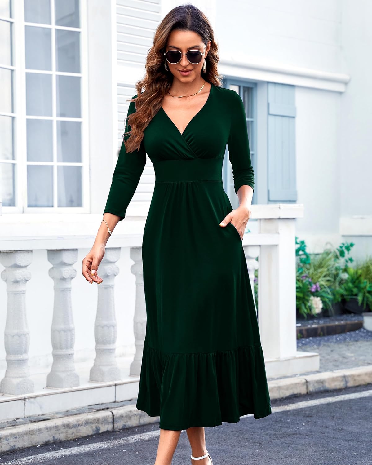 Womens Summer V Neck Dress Empire Waist Maxi Wedding Guest Cocktail Dresses Ruffle Hem A-Line Flowy Long Formal Outfits - Image 6