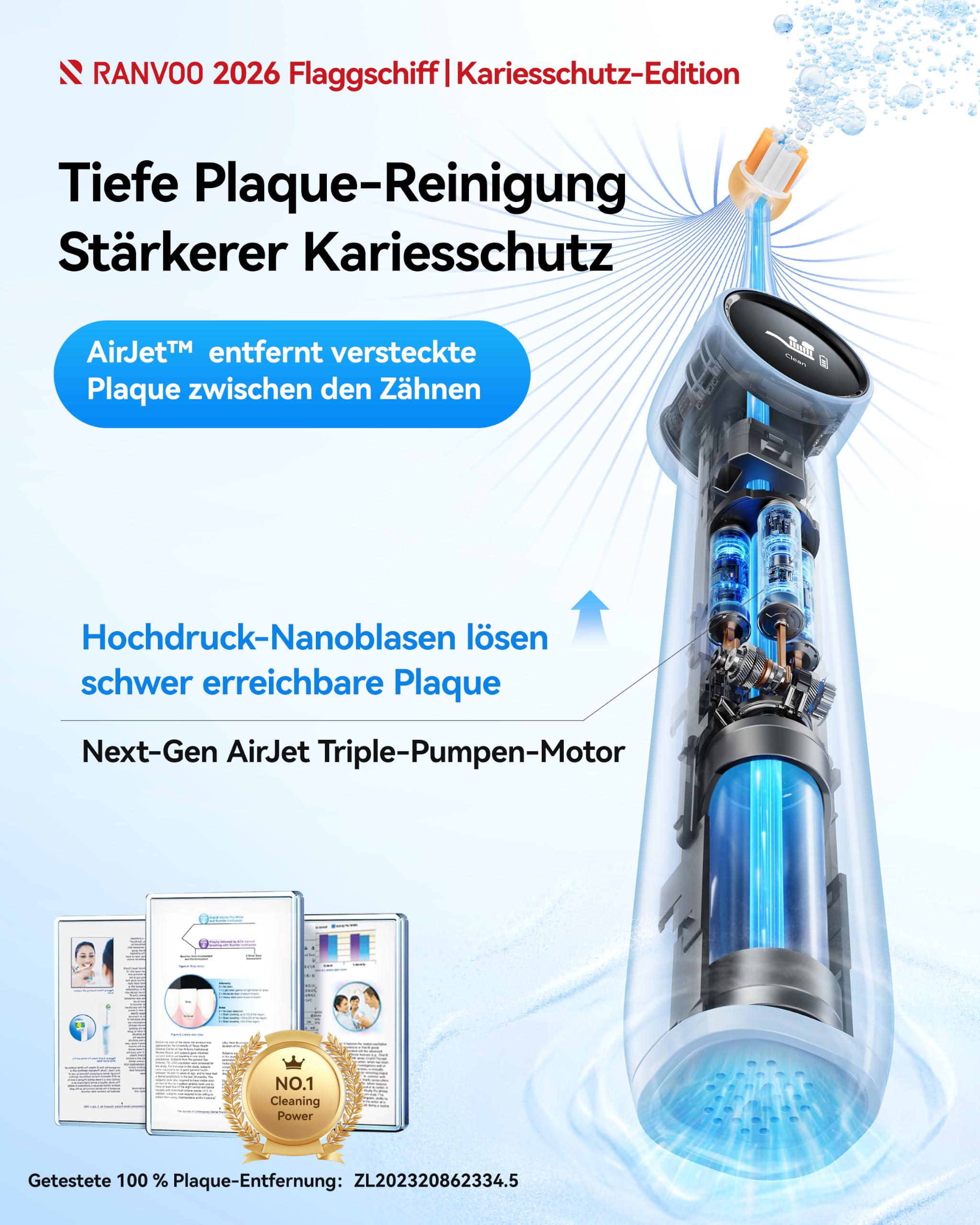 AirJet X3 Elektrische Zahnbürste Starke Reinigung, sichtbar weißere Zähne | Glow Edition 2026, 99,87 % Plaqueentfernung, täglicher Kariesschutz, 60-Tage-Akku, 2 Fluorid-Bürstenköpfe, Energetisches Blau