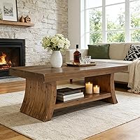 Vista 1 de Mesa de centro de granja con estante de almacenamiento, mesas de centro modernas de madera maciza de mediados de siglo con base curvada, mesa