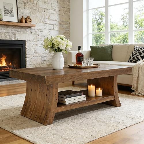 Mesa de centro de granja con estante de almacenamiento, mesas de centro modernas de madera maciza de mediados de siglo con base curvada, mesa