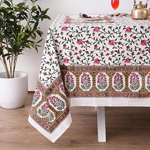 Miniatura 56 de Hand Block Printed Cotton Tablecloth – Elegant Floral Design Perfect for Dining Table Kitchen Parties Home Decor, Wall Tapestry (Peach Floral, 6