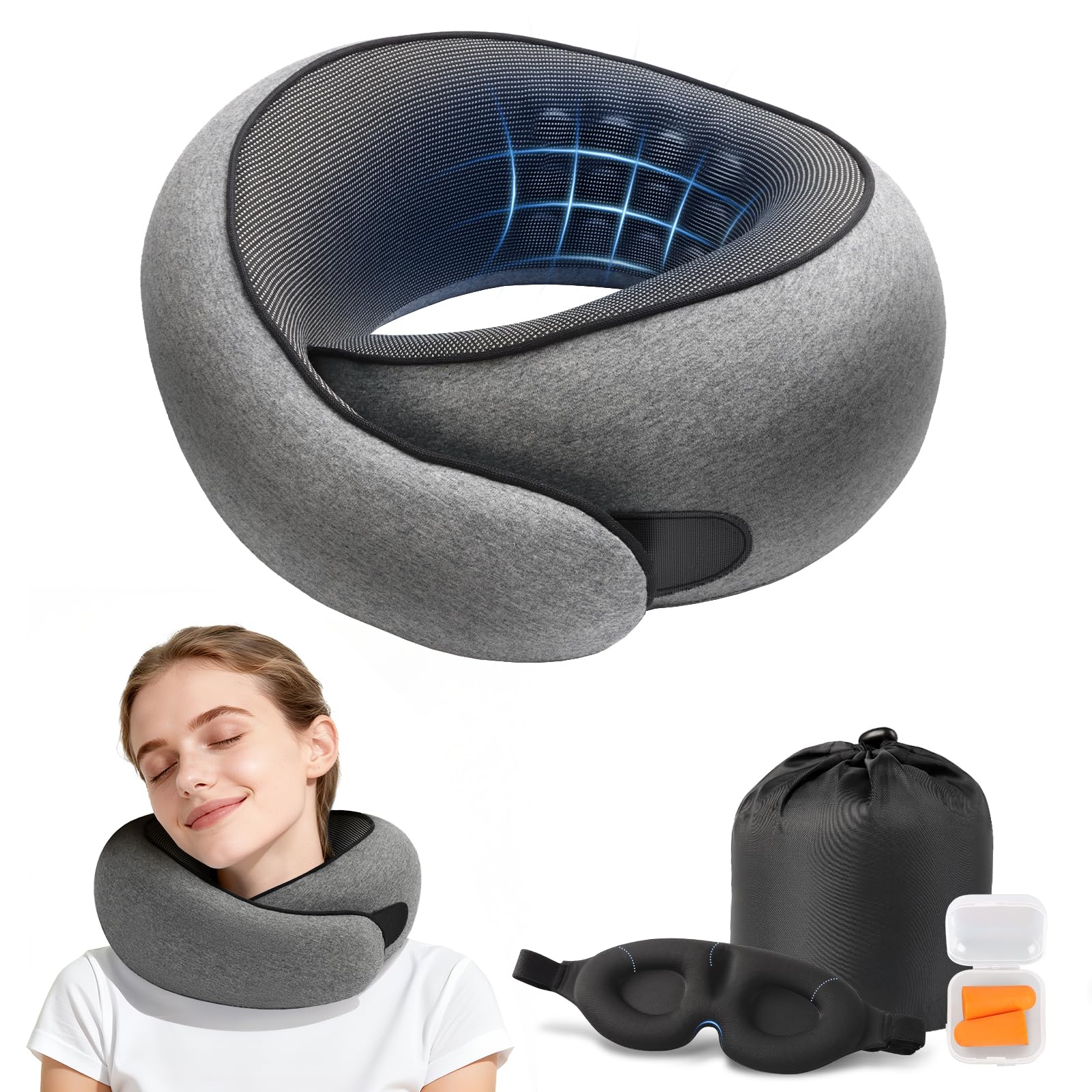 Purroch Travel Pillow Airplane, Neck Pillow with Eye Mask & Earplugs, Memory Foam Pillow with Adjustable Velcro Strap, Pillows for Travel, Plane, Car, Home, Work, Dark Grey