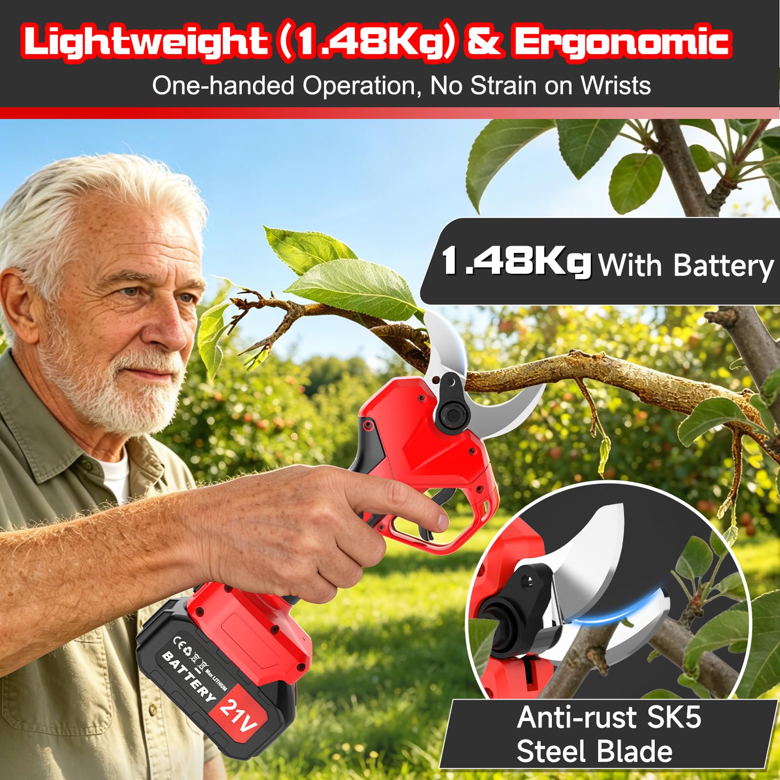 Tijeras de Podar Eléctricas 50mm 730W Brushless 2x 4000mAh | Podadora a Batería, Tijera Cortarramas Profesional, Pantalla LED, Para Viñedos, Olivos y Frutales