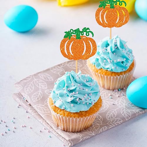 Miniatura 5 de Rsstarxi Paquete de 24 adornos de calabaza para cupcakes con purpurina para baby shower, cumpleaños, decoración para calabaza, otoño, Acción de