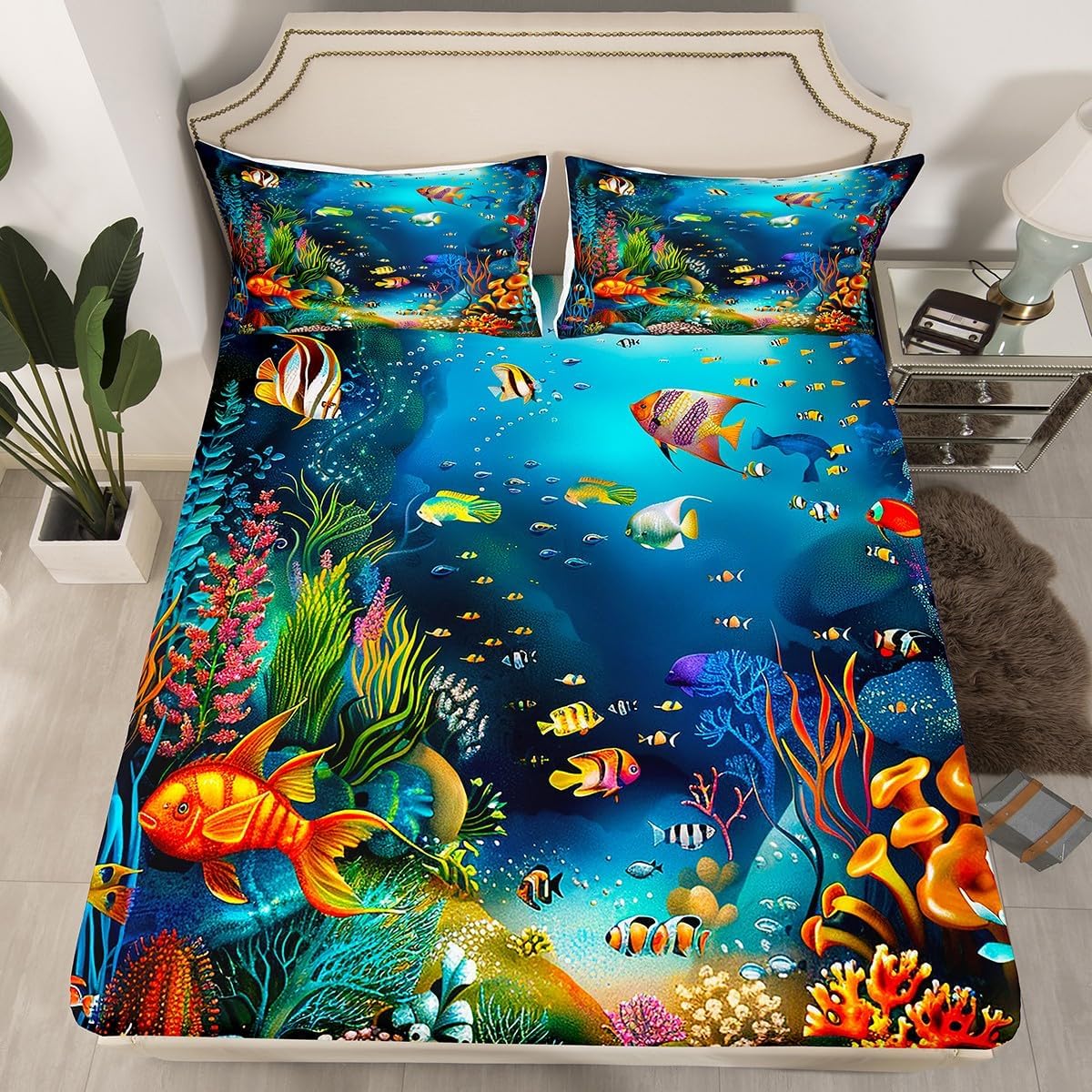 Feelyou Kids Sheet Set Twin Cartoon Ocean Fish Bed Sheets Ocean Marine Theme Bedding Set for Boys Girls Soft and Cozy Sea Underwater World Sheets Set with Sealife Deep Pocket Fitted Sheet,Vibrant