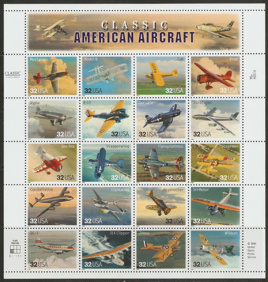 1997 Classic American Aircraft - Sheet of Twenty Stamps Scott 3142