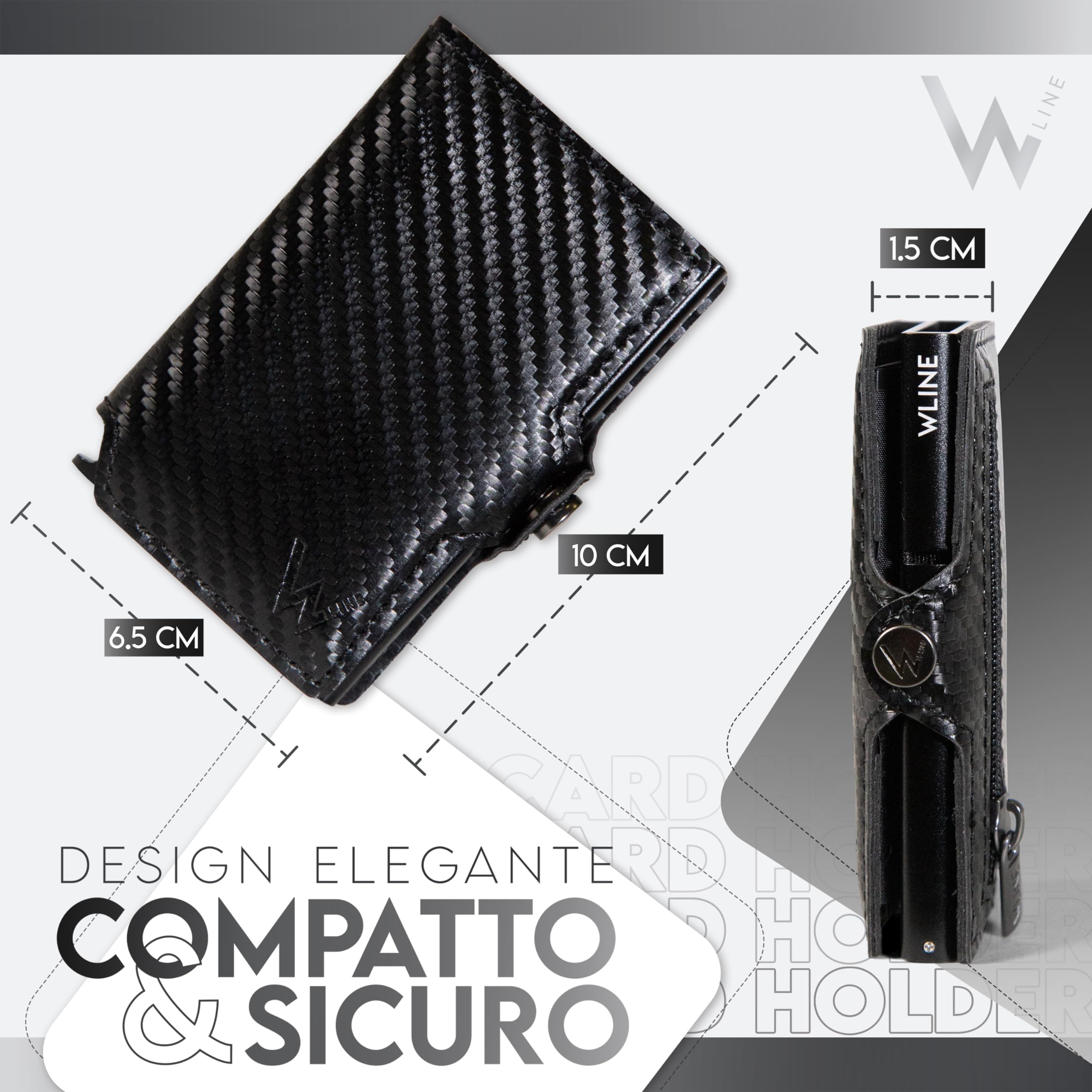 WLine Portafoglio Uomo Slim con Portamonete Rfid Compatto ed Elegante - Porta Carte di Credito Uomo e Donna Schermato in Fibra di Carbonio - Portatessere Uomo Tascabile (Nero Carbon con Zip)