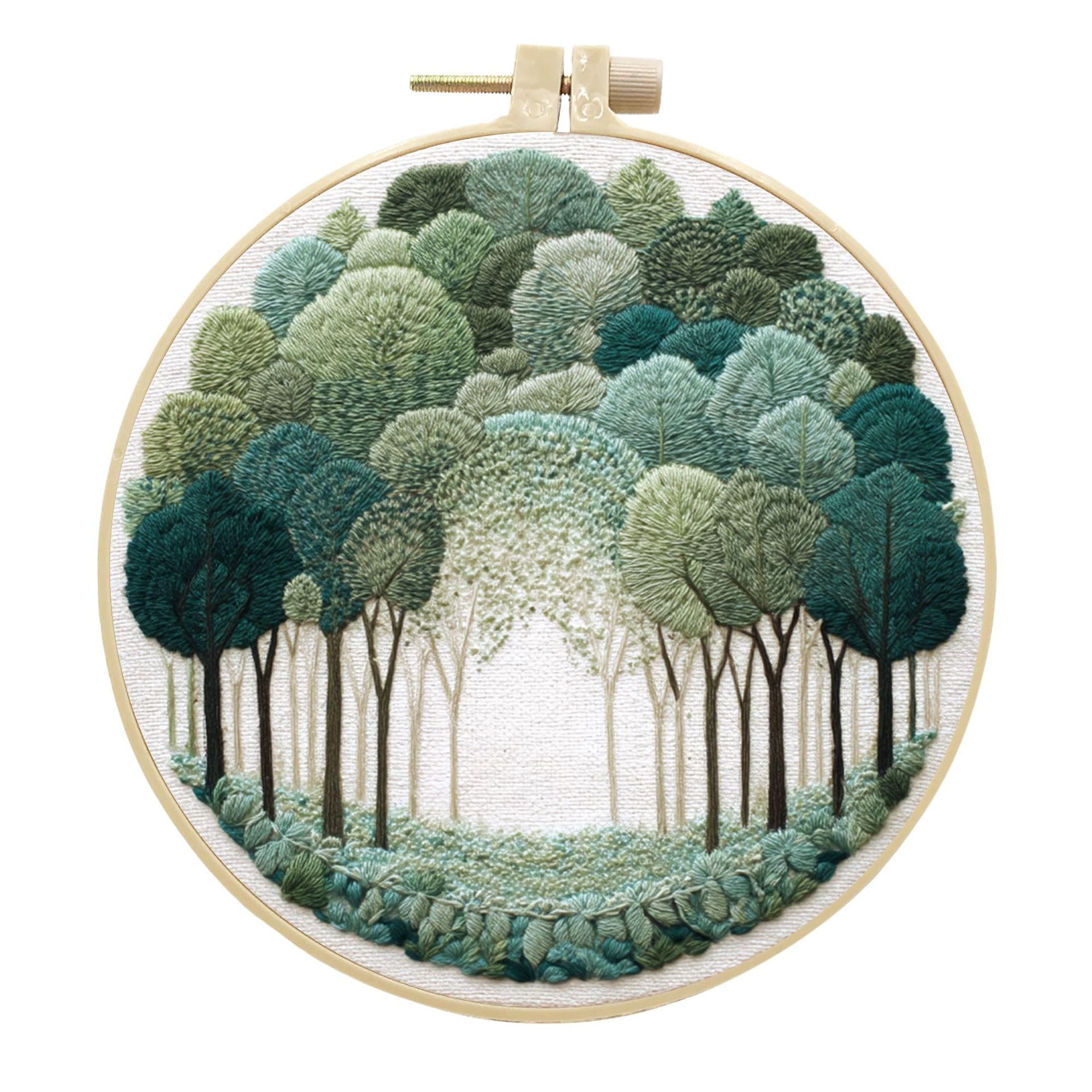 BETAULIFE Forest Embroidery Kits,DIY Sewing Practice Kits for Adults Home Decoration,Embroidery Set for Starter Art Craft (Green 1)