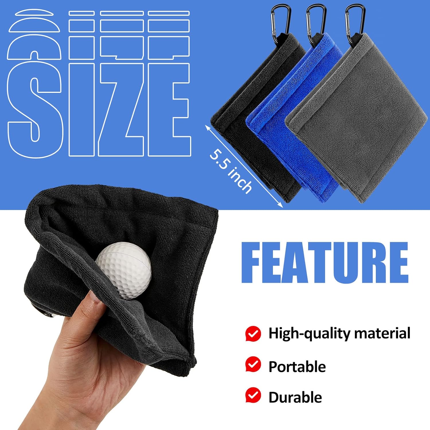 Flutesan 3 Pieces Golf Ball Towel 5.5 x 5.5 Inch, Wet and Dry Small Pocket Towel with D Clip Portable Golf Ball Cleaner Accessories for Men Women Course Exercise(Black, Grey, Blue) - Image 2