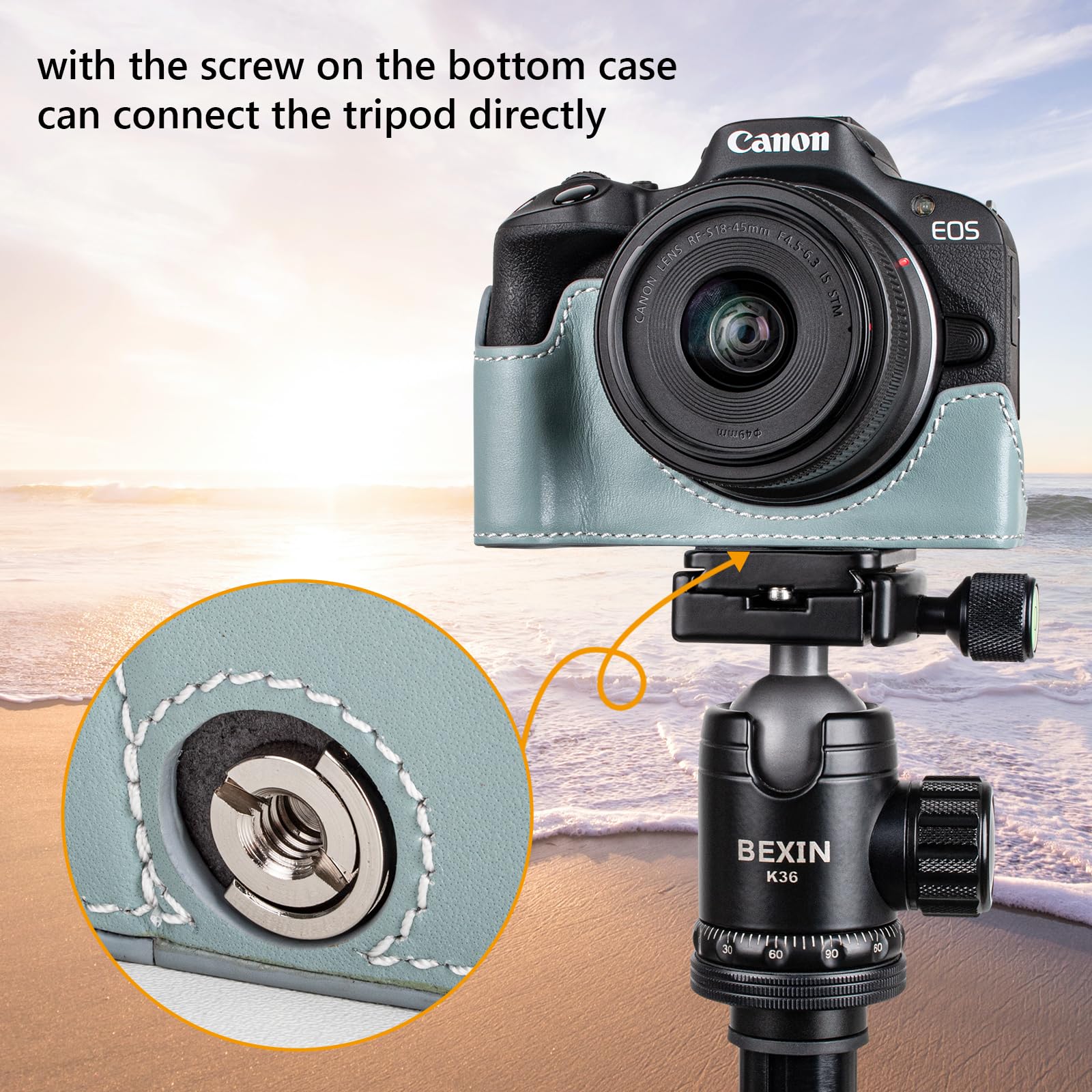 MUZIRI KINOKOO Custodia In Vera Pelle Per Canon EOS R50, Stile Retrò Blu, Con Impugnatura E Foro Treppiede 1/4 - copertina