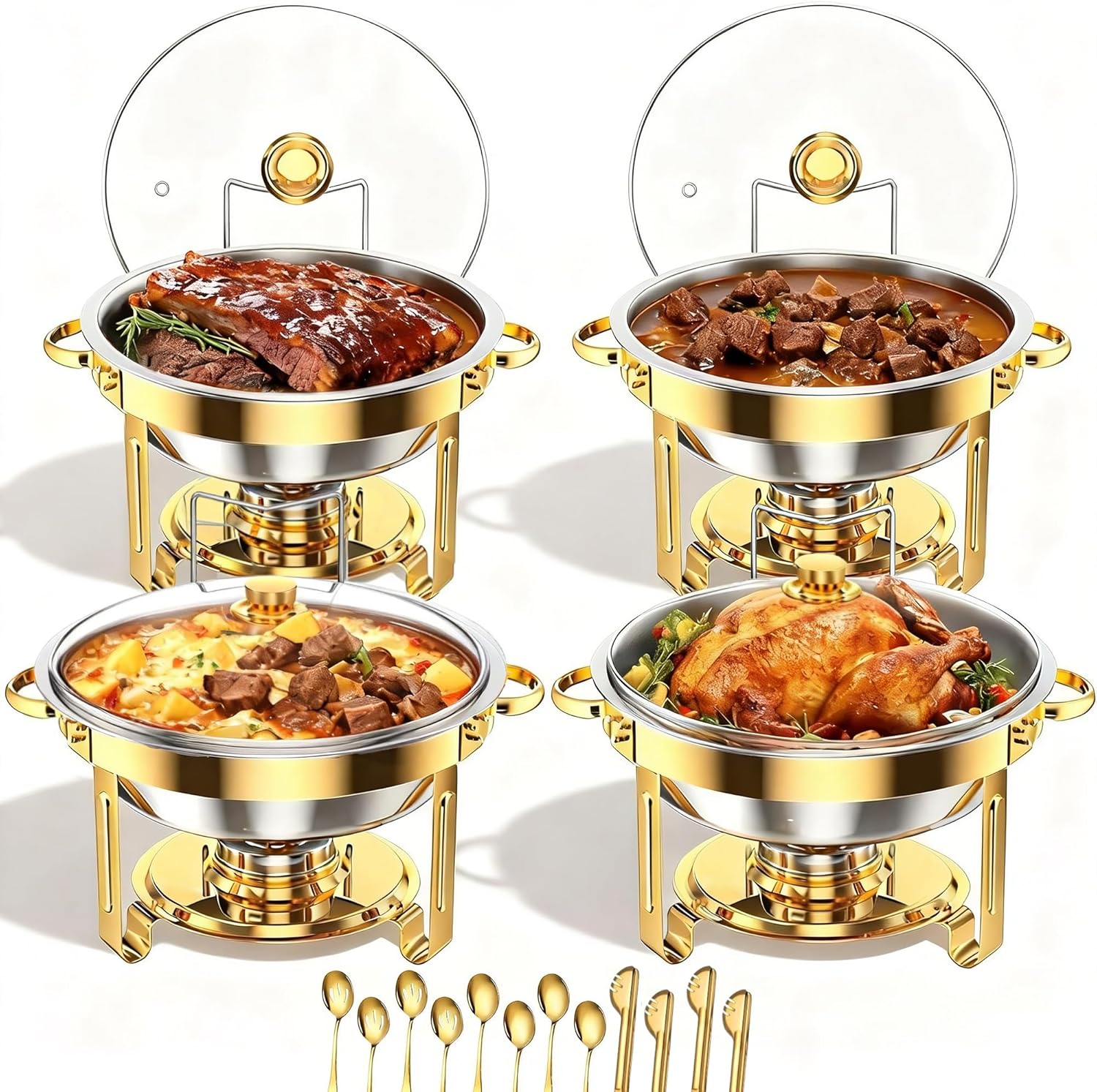 4 Pack Gold Round Chafing Dishes for Buffet, 5 QT Food Warmers and Cold Food Server for Parties, Events Hosting, Family Gatherings, Full Set Catering Supplies with Serving Utensils Accessories
